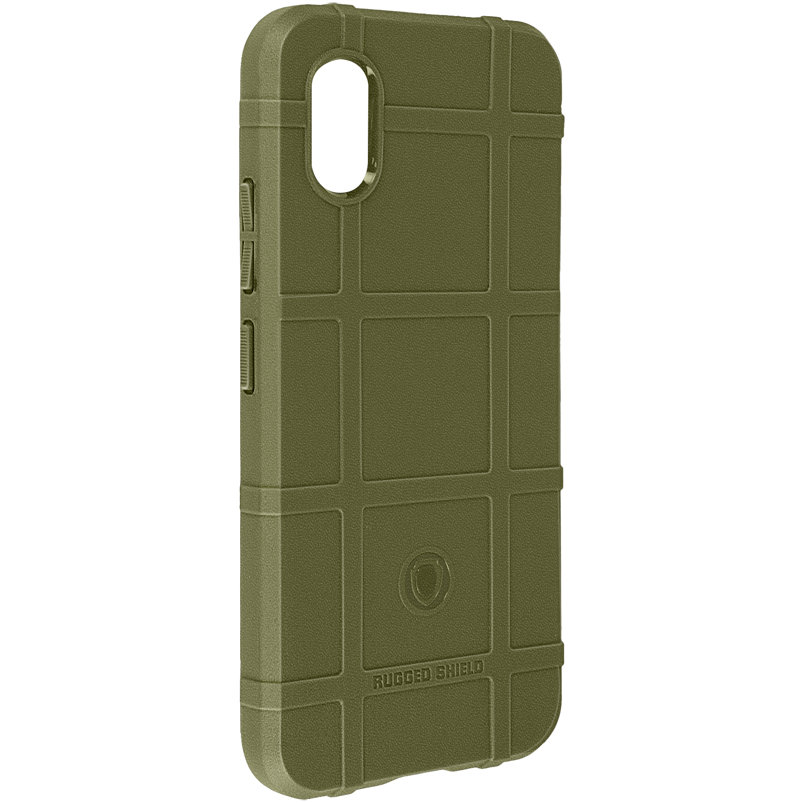 Custodia per telefono verde con design robusto e la scritta Rugged Shield.