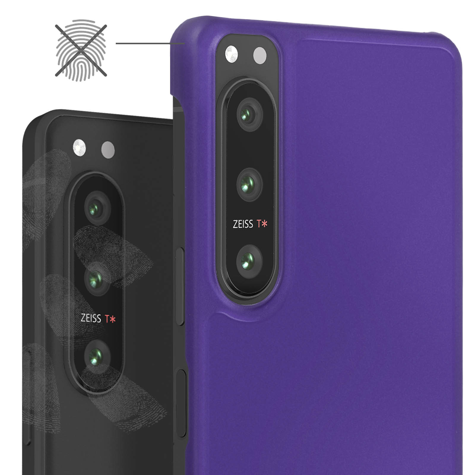 Zwei Smartphone-Hüllen. Eine ist lila, die andere schwarz. Beide Hüllen haben Kameradetails.