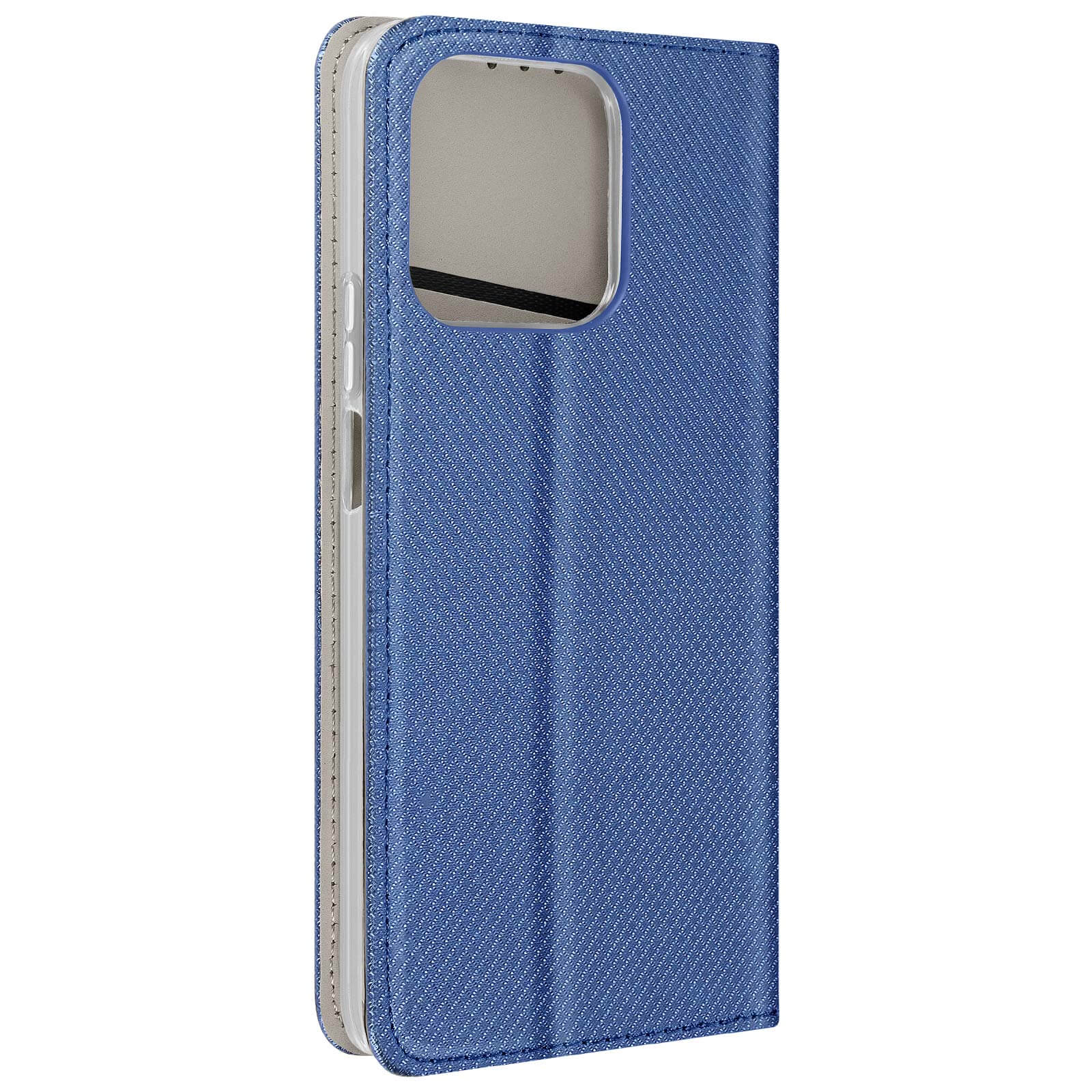 Custodia per telefono blu, chiusa, con un motivo strutturato. Ha un foro per la fotocamera e un bordo più chiaro.