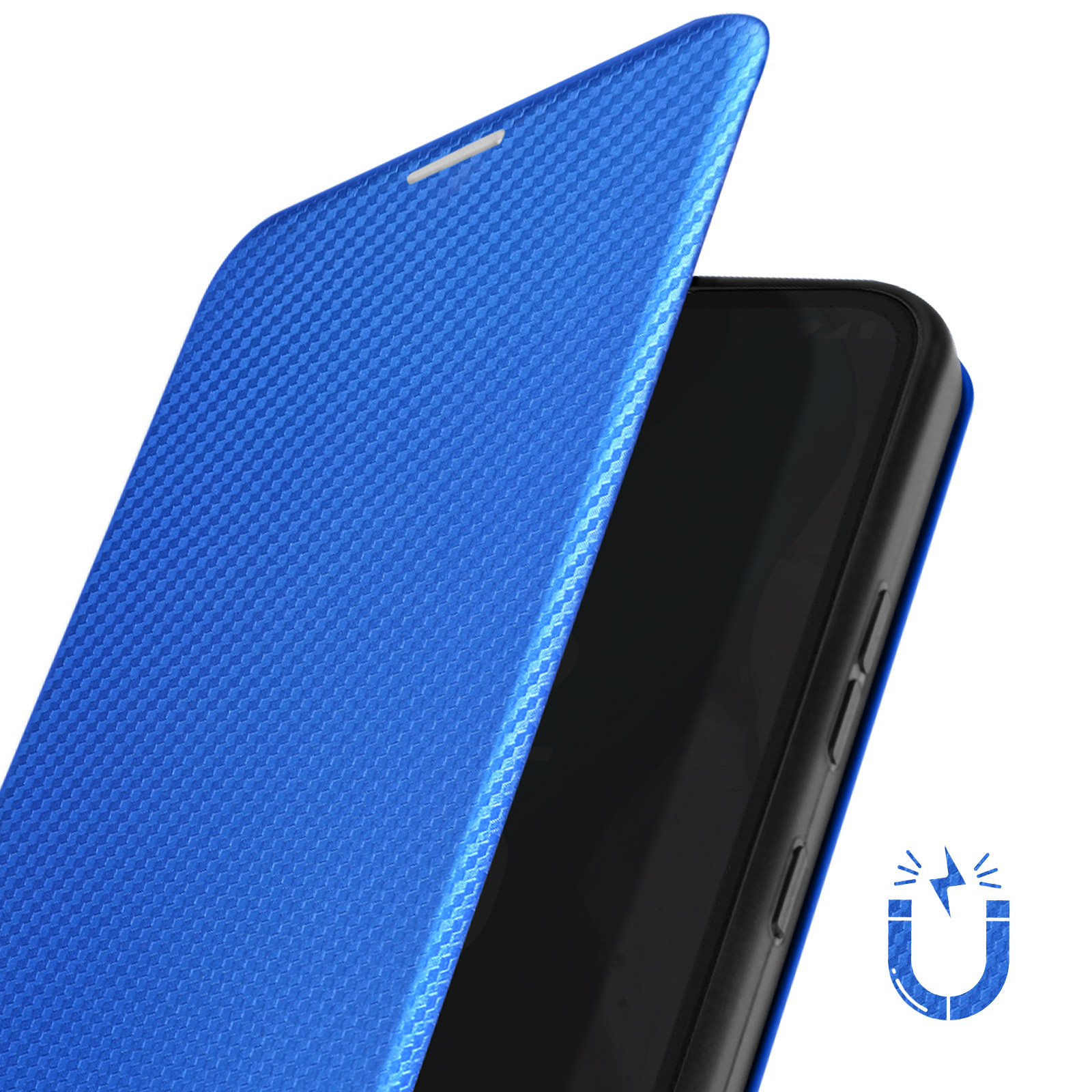 Una custodia per telefono blu con un motivo strutturato, aperta per rivelare un telefono nero. Un simbolo del magnete è visibile.