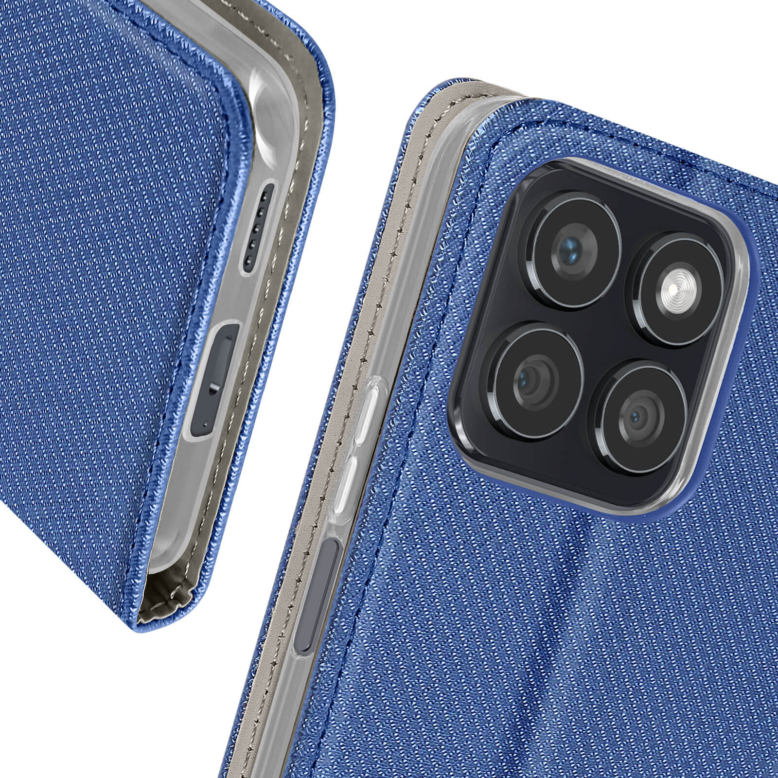 Primo piano di una custodia per telefono in denim blu strutturato con bordi argentati, che mostra l'area della fotocamera.