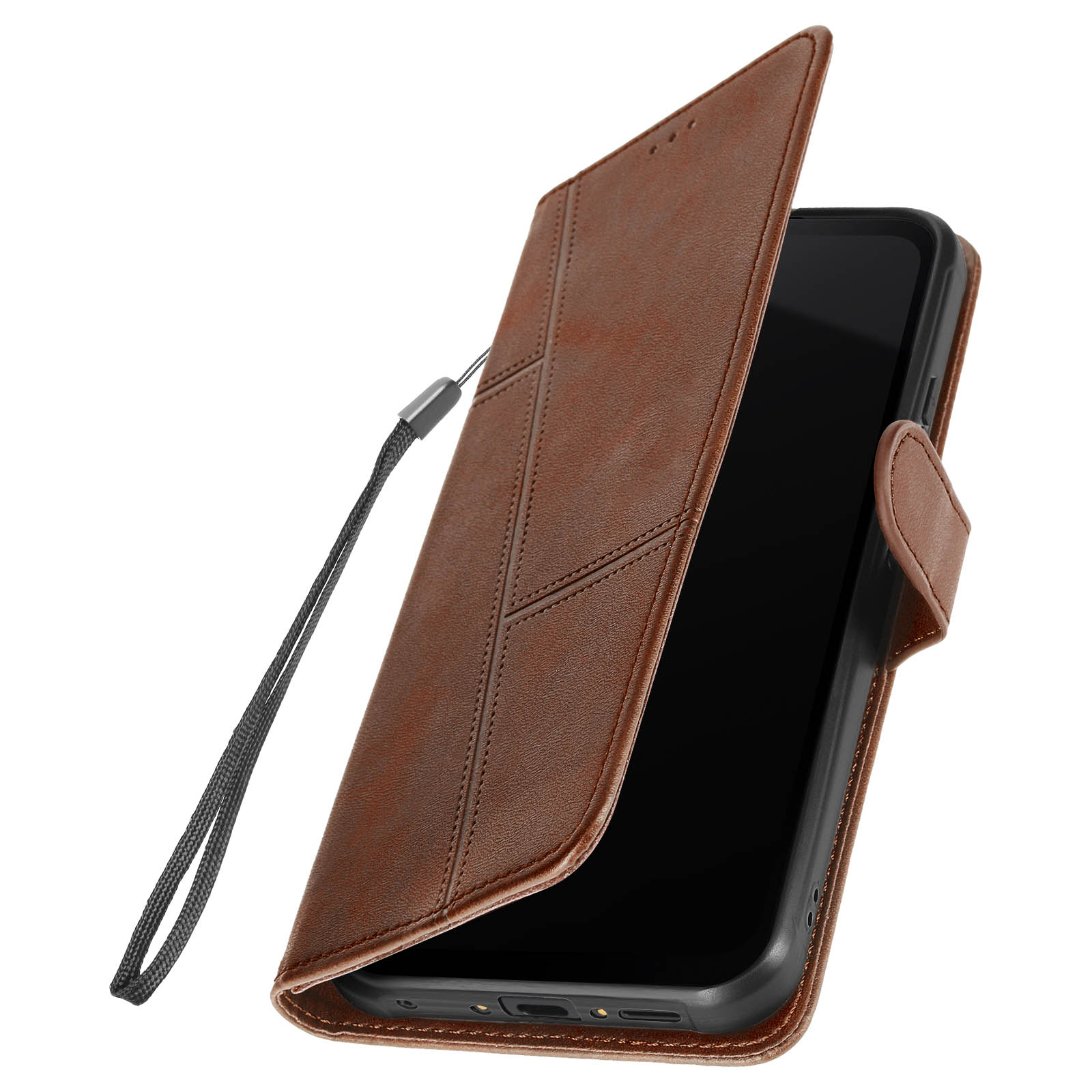 Braune Leder-Handyhülle mit Telefon, teilweise geöffnet.