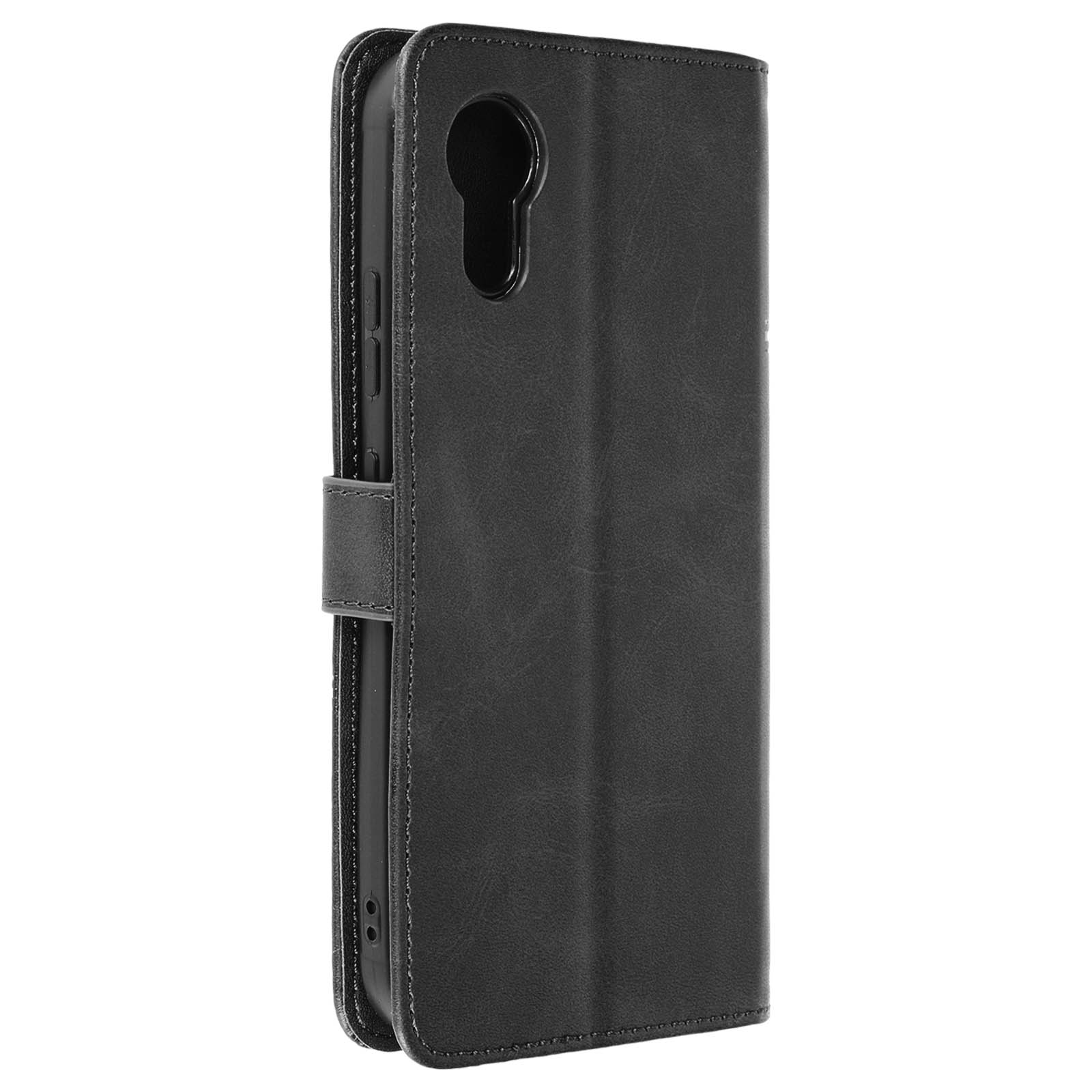 Eine schwarze Handyhülle mit Klappe. Sie hat einen Magnetverschluss und ein gesticktes Design.