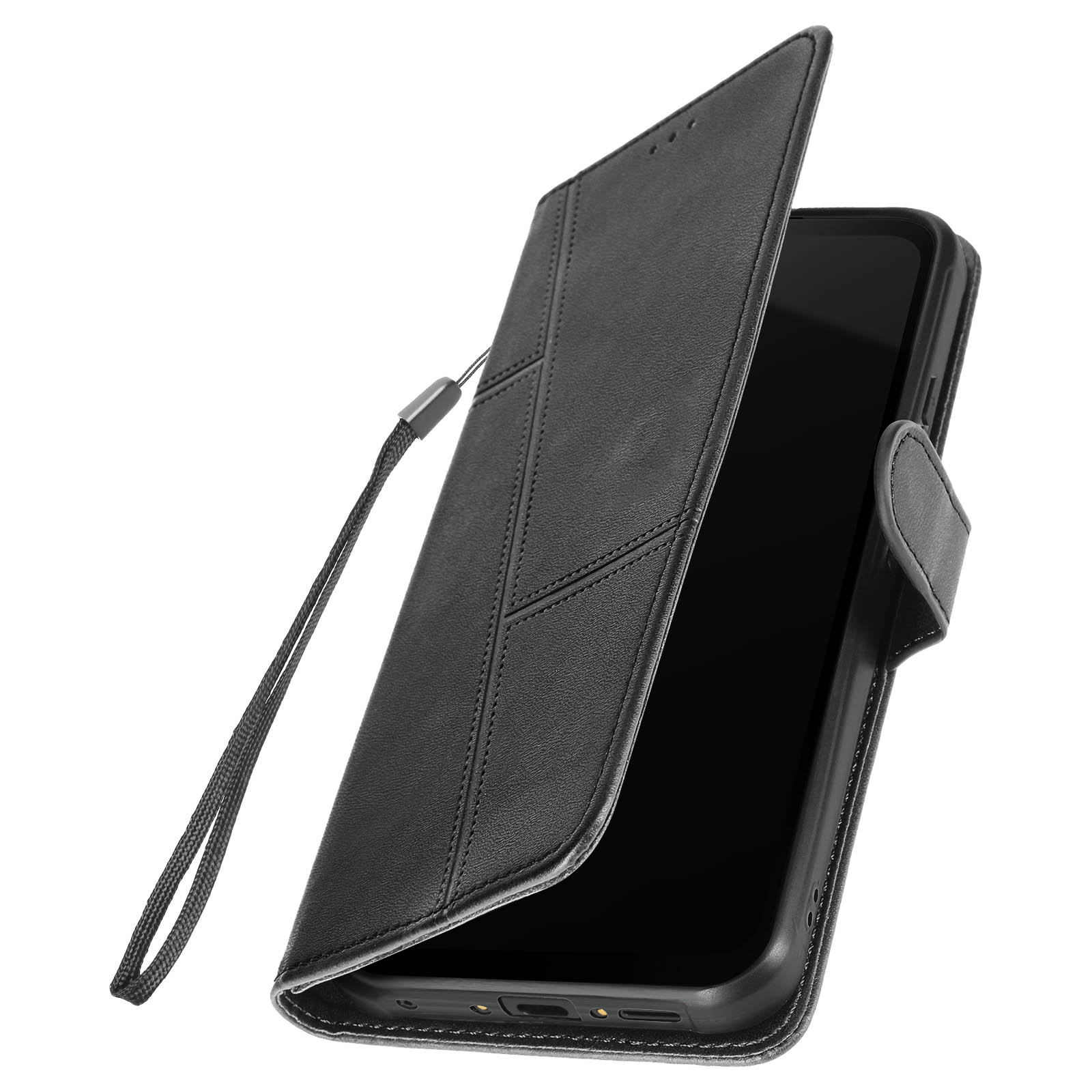 Ein schwarzes Telefon in einer Hülle, die Hülle geöffnet, das Telefon und die Innenseite zeigend.