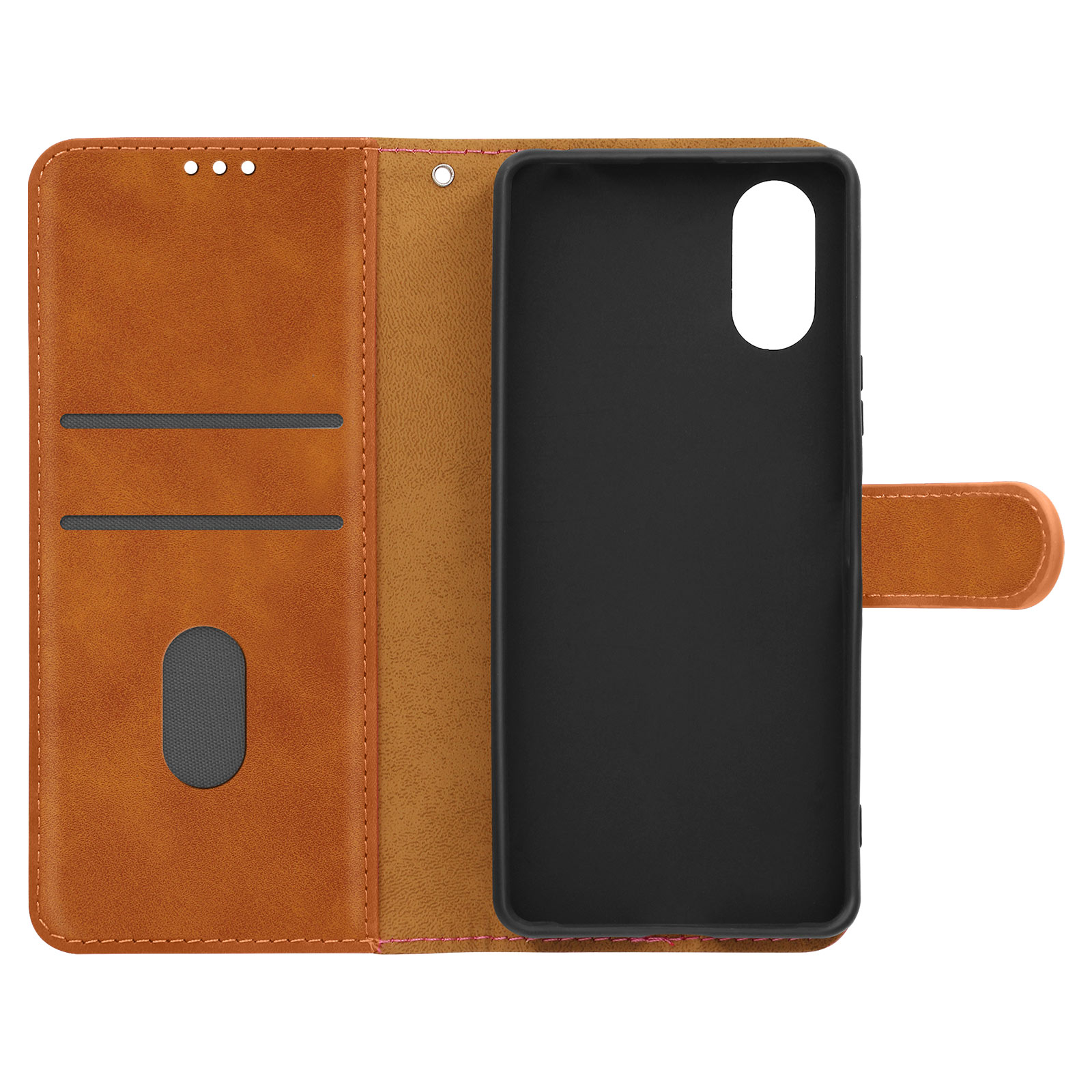 Una custodia marrone per telefono aperta, che rivela un telefono nero. La custodia ha fessure per carte e una chiusura magnetica.