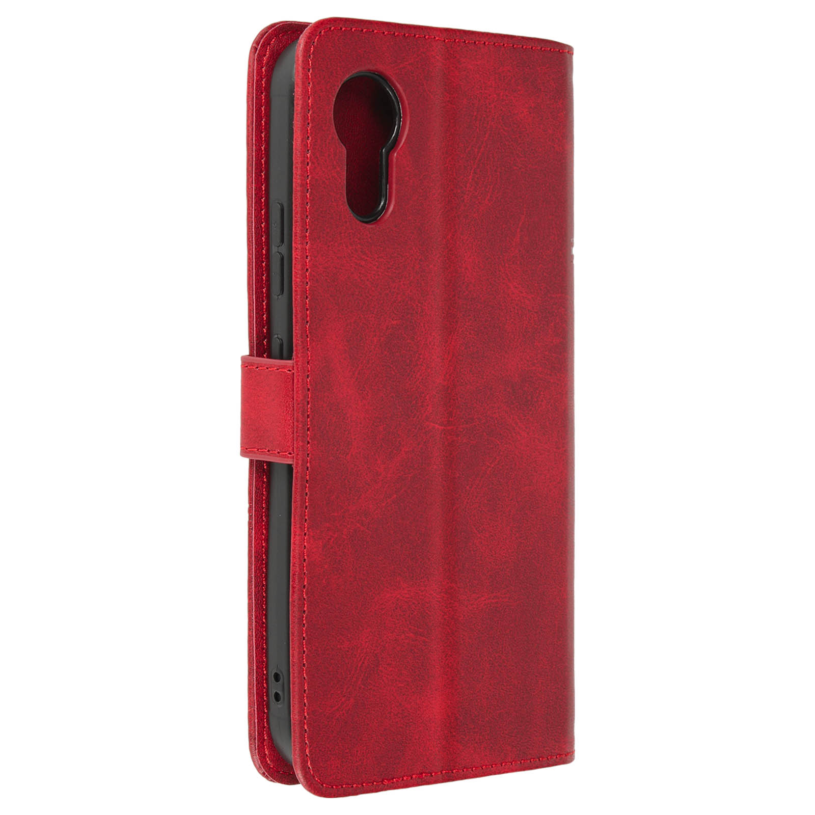 Rote Handyhülle. Sie hat ein Brieftaschendesign mit Magnetverschluss.