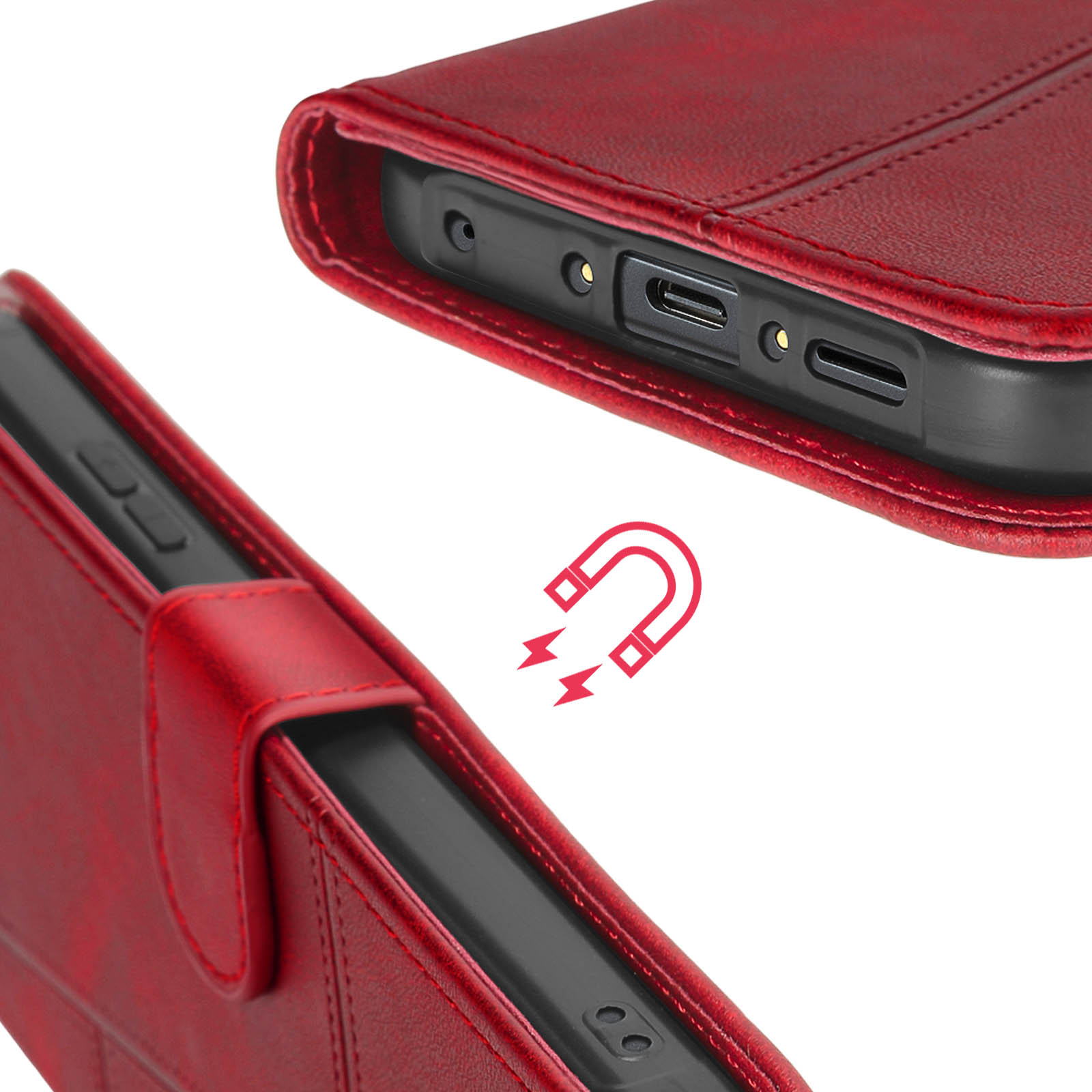 Rote Handyhülle mit Magnetsymbol, zeigt Ladeanschlüsse und Nahtdetails.