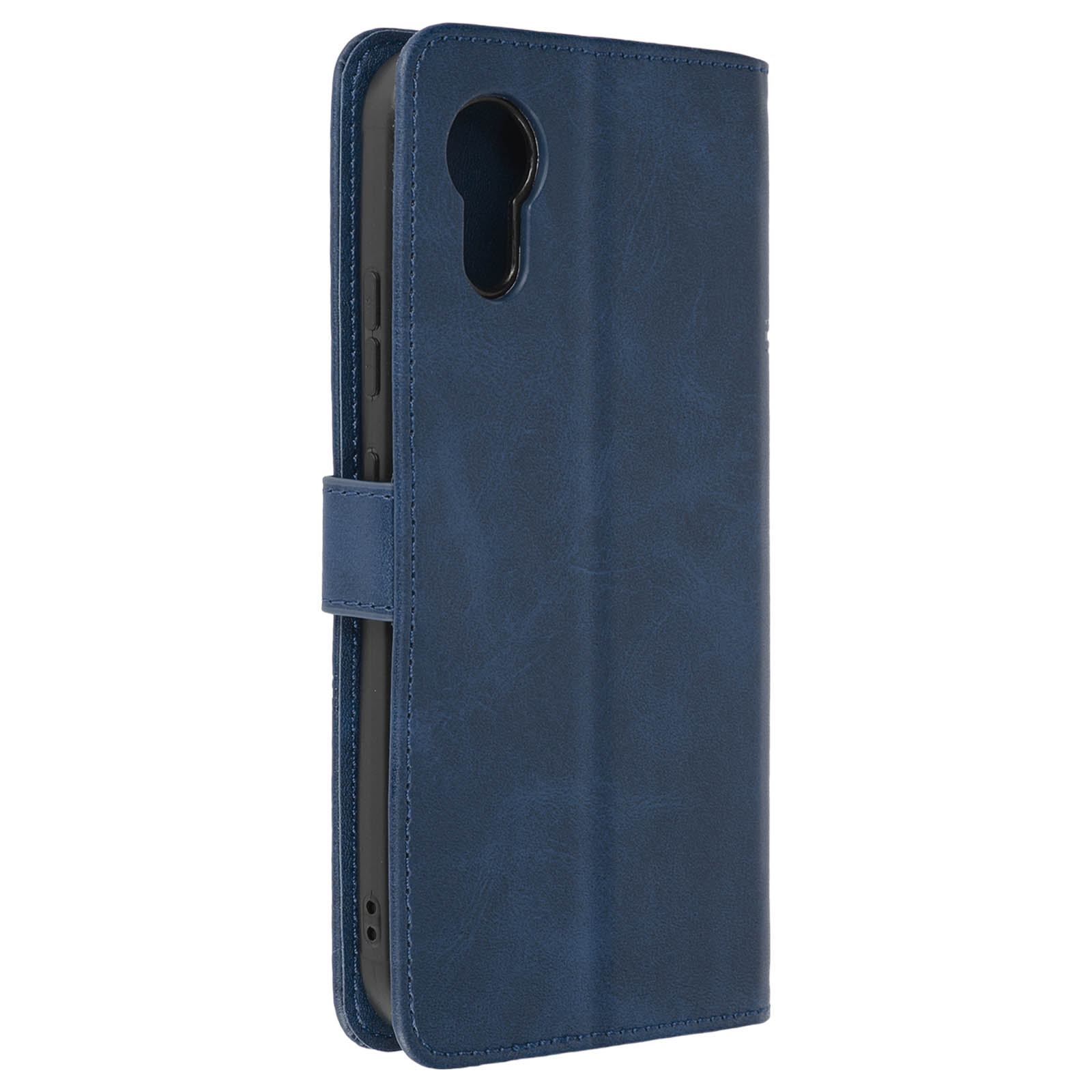 Blaue Leder-Handyhülle, offen, mit Kameraaussparung und Magnetverschluss.