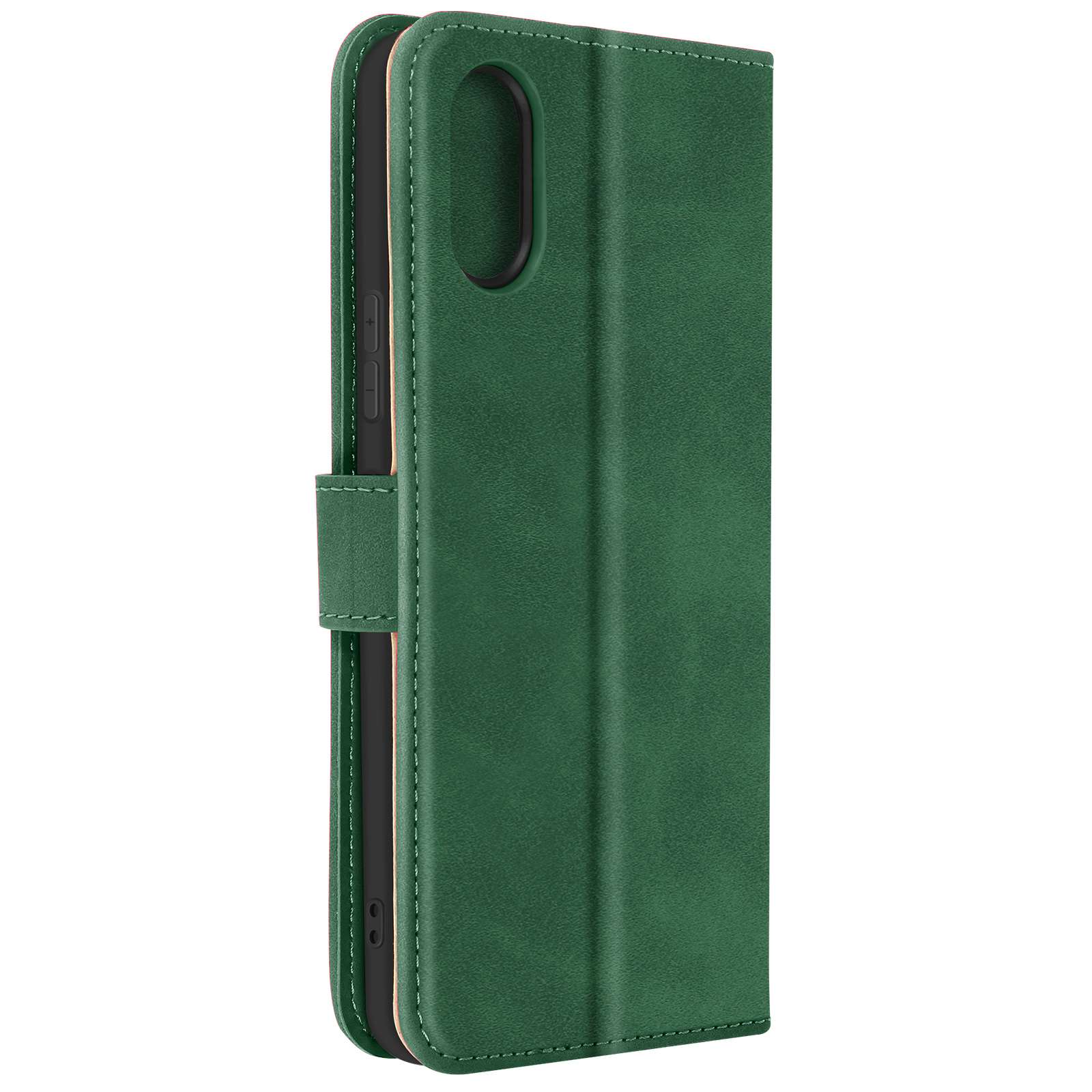 Custodia per telefono in pelle verde, aperta per mostrare il telefono. Ha una chiusura magnetica.