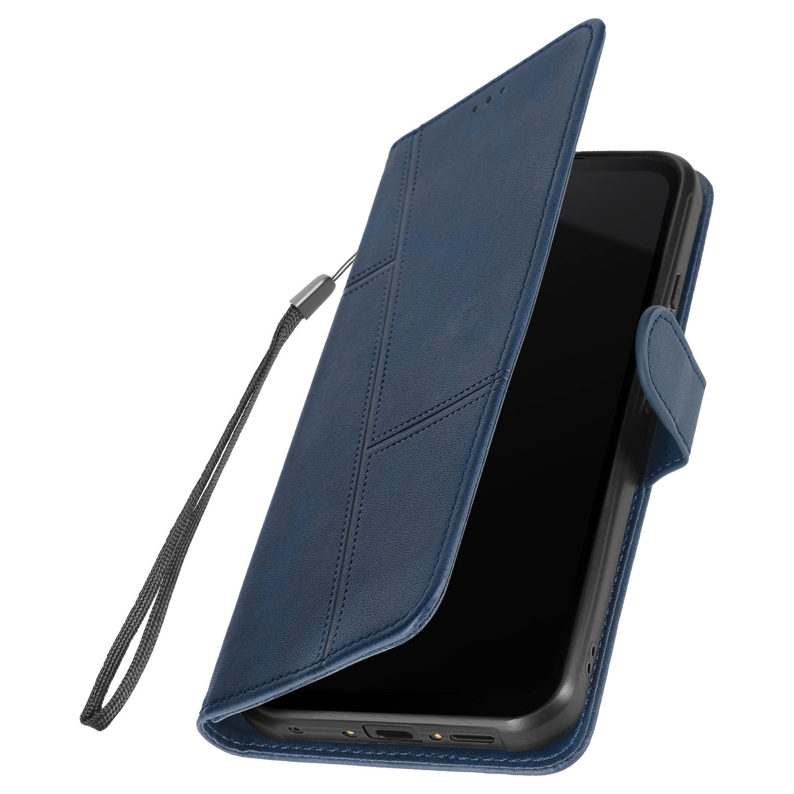Blaue Handyhülle in Form einer Geldbörse, mit Riemen. Die Hülle ist teilweise geöffnet und zeigt das Telefon.