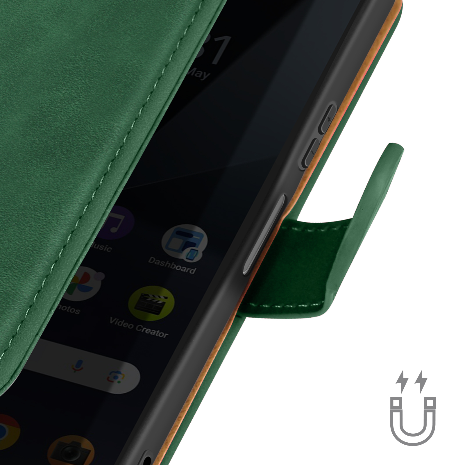 Custodia verde per telefono con chiusura magnetica. Telefono parzialmente visibile. Dettagli verdi e oro.