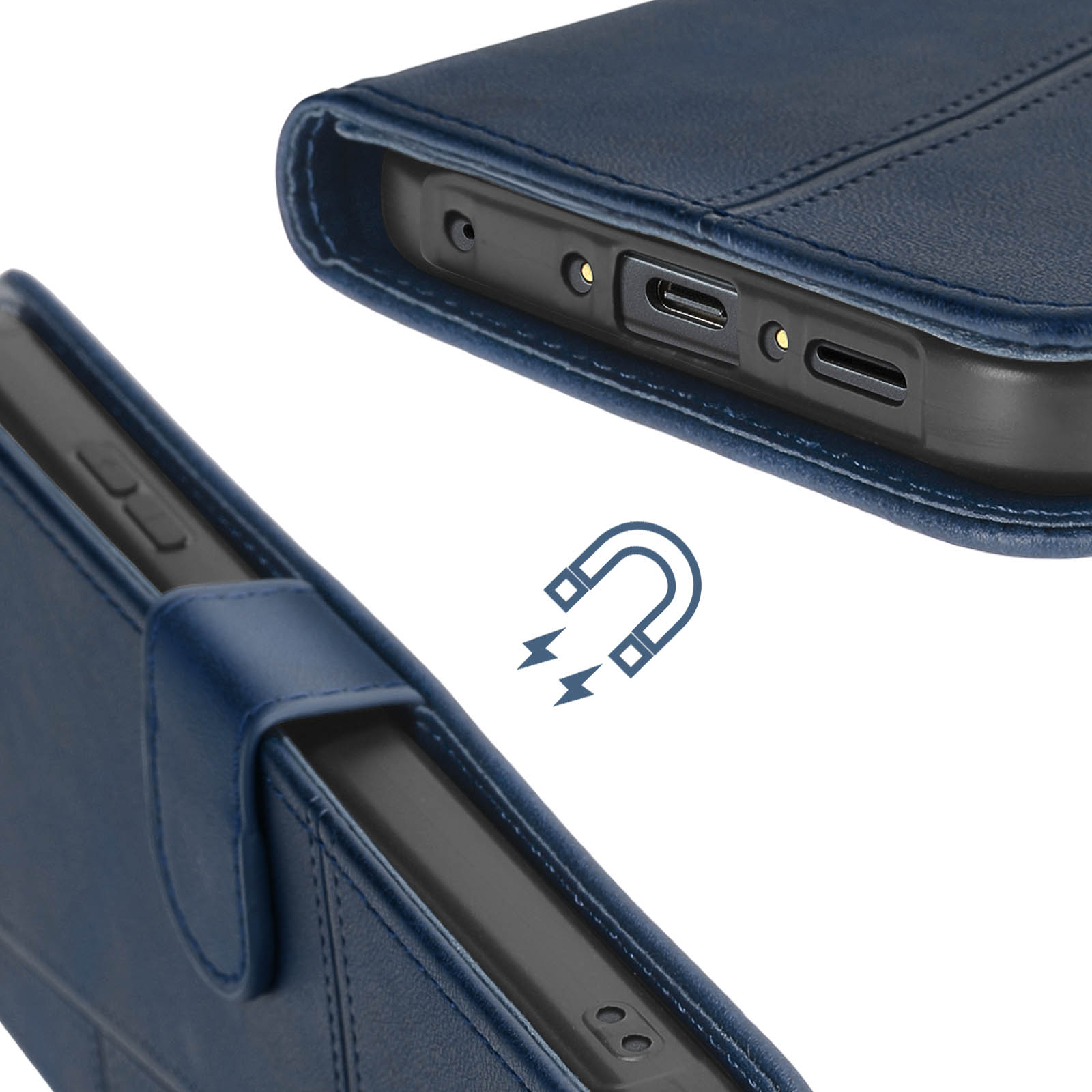 Handyhülle in Marineblau mit Magnet-Symbol. Zeigt die Handyhülle mit dem Telefon darin.