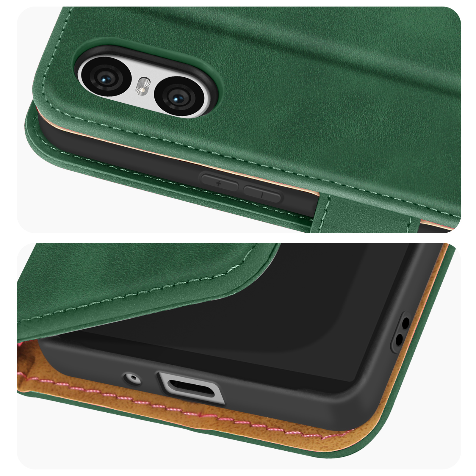 Primo piano di una custodia per telefono verde con patta. La custodia ha un design dettagliato con i pulsanti.