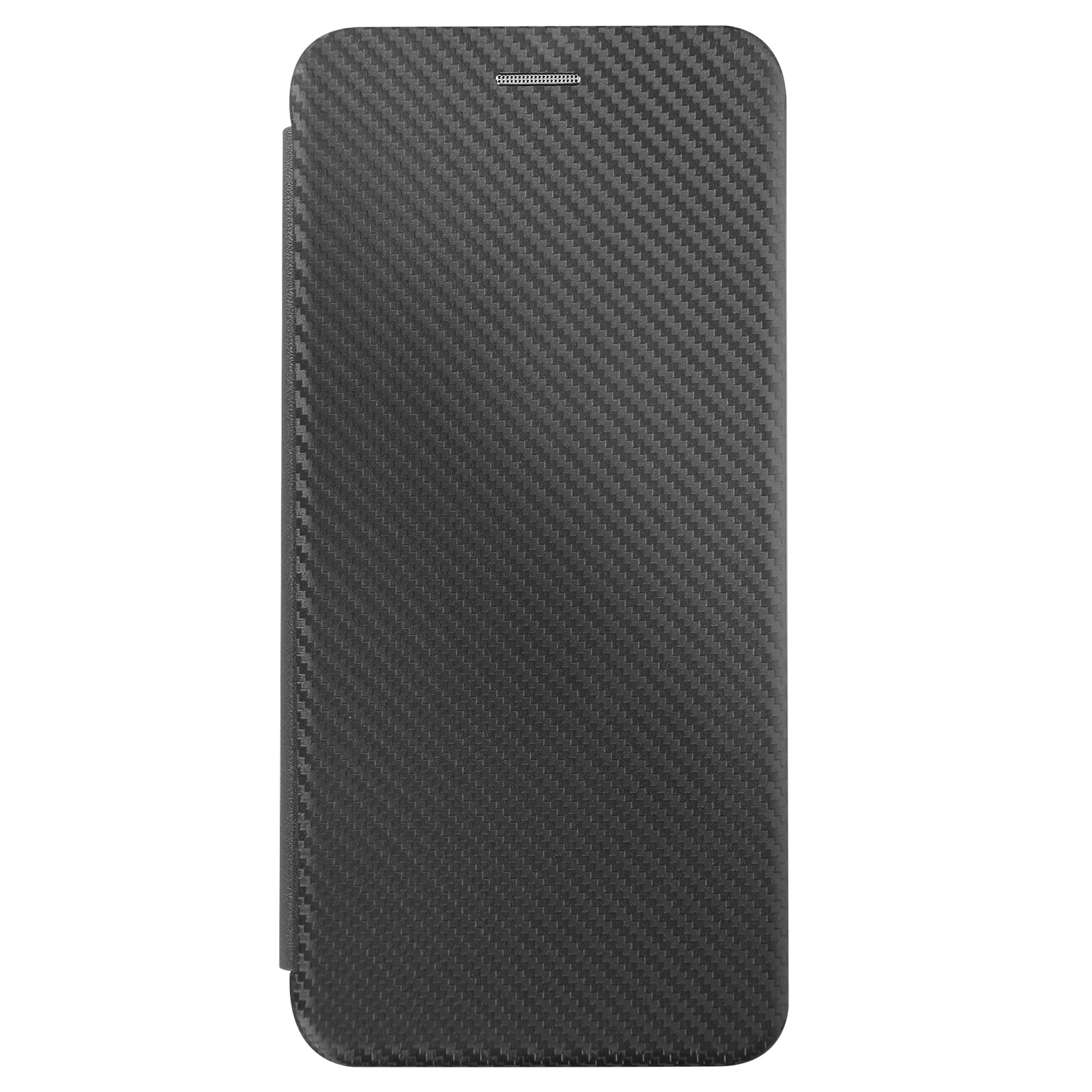 Custodia per telefono nera con texture in fibra di carbonio. La custodia è chiusa, con una piccola apertura nella parte superiore.