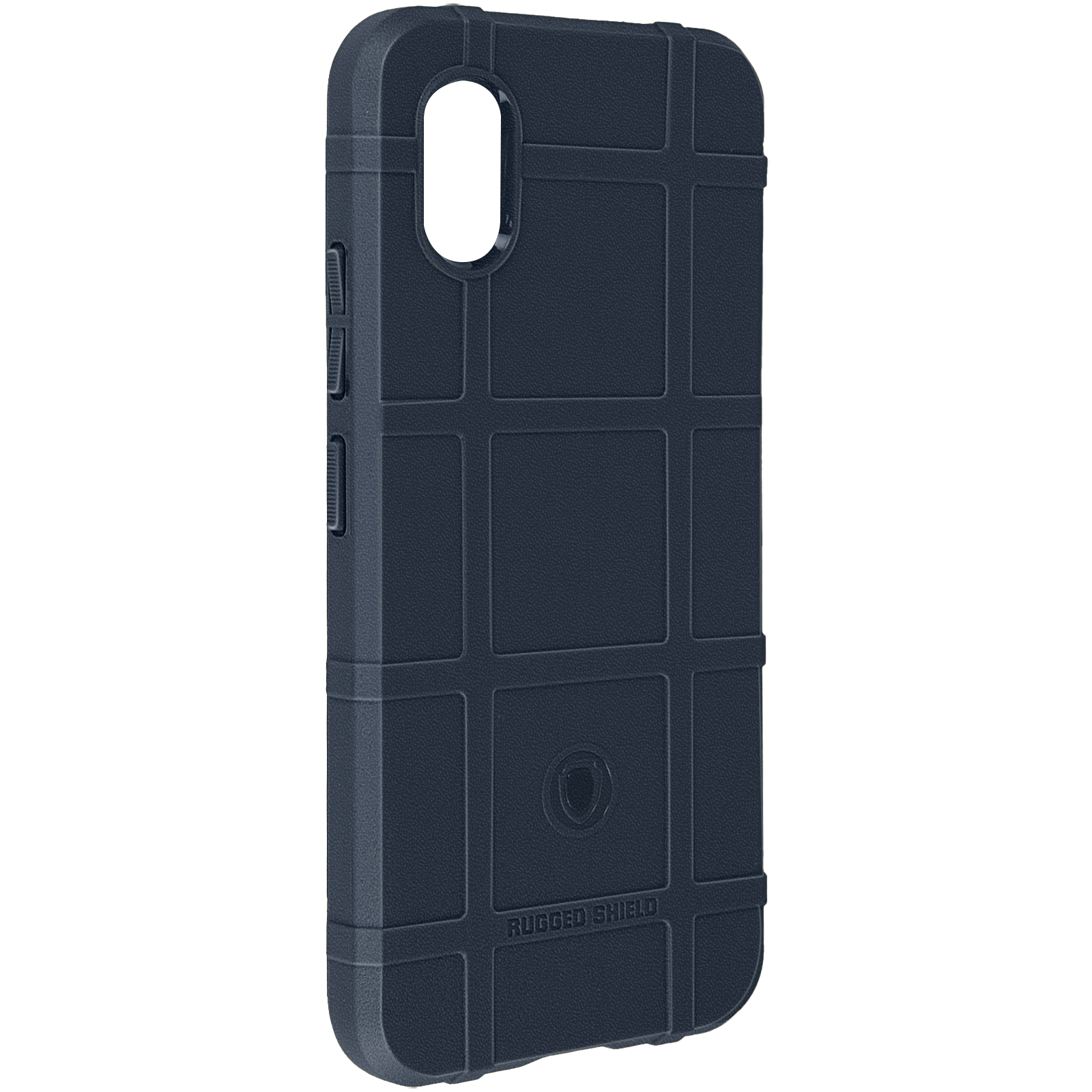 Een donkerblauwe, getextureerde telefoonhoes, met een rasterpatroon en een gebogen bovenkant.
