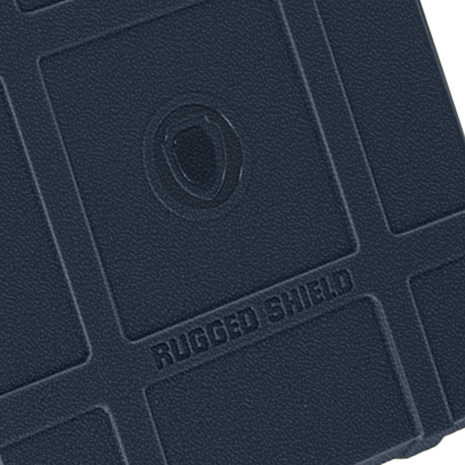Een close-up van een zwarte telefoonhoes met een robuust ontwerp. De woorden 'RUGGED SHIELD' zijn zichtbaar.