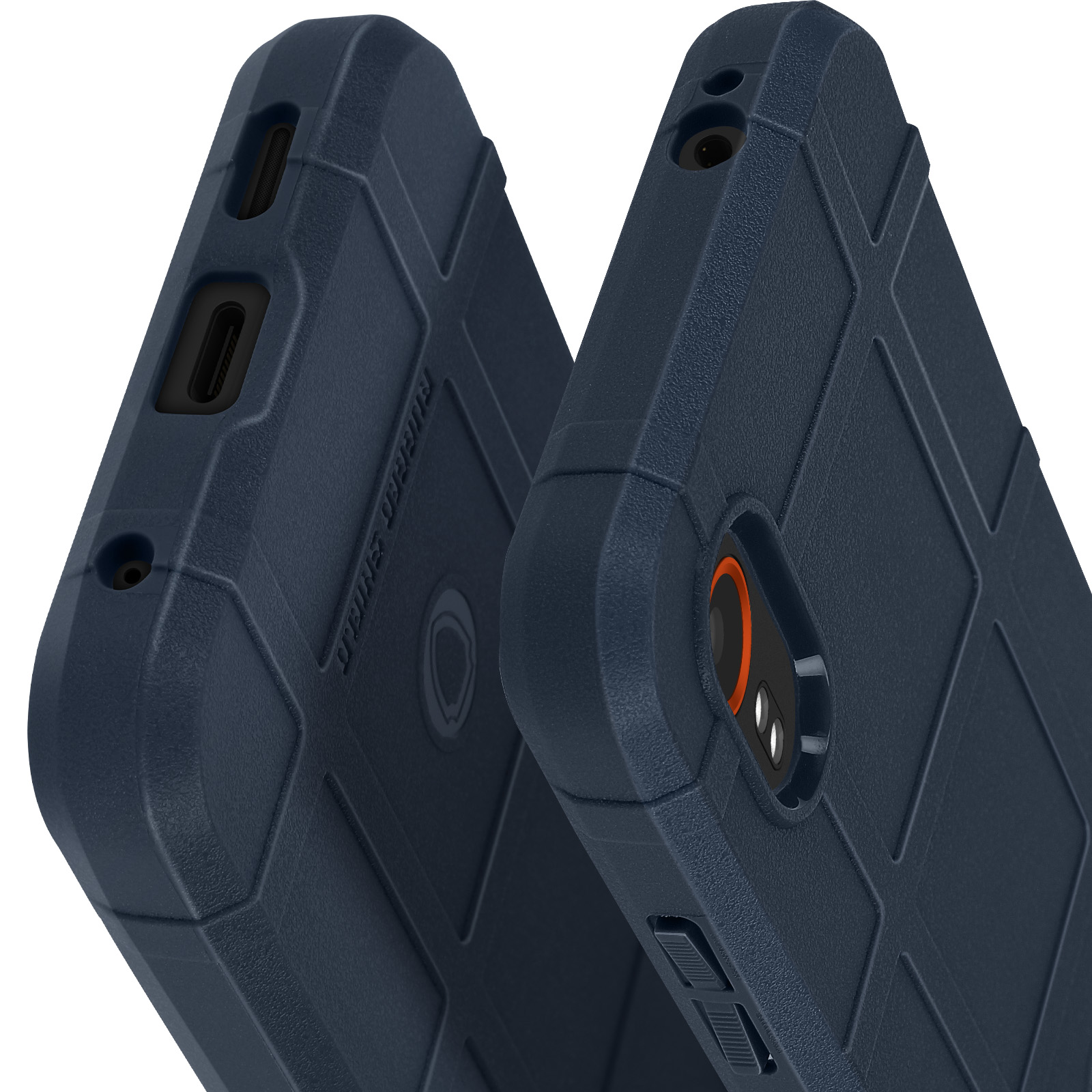 Twee blauwe telefoonhoesjes. Beide hebben een robuust ontwerp met een rasterpatroon en camera-uitsparingen.