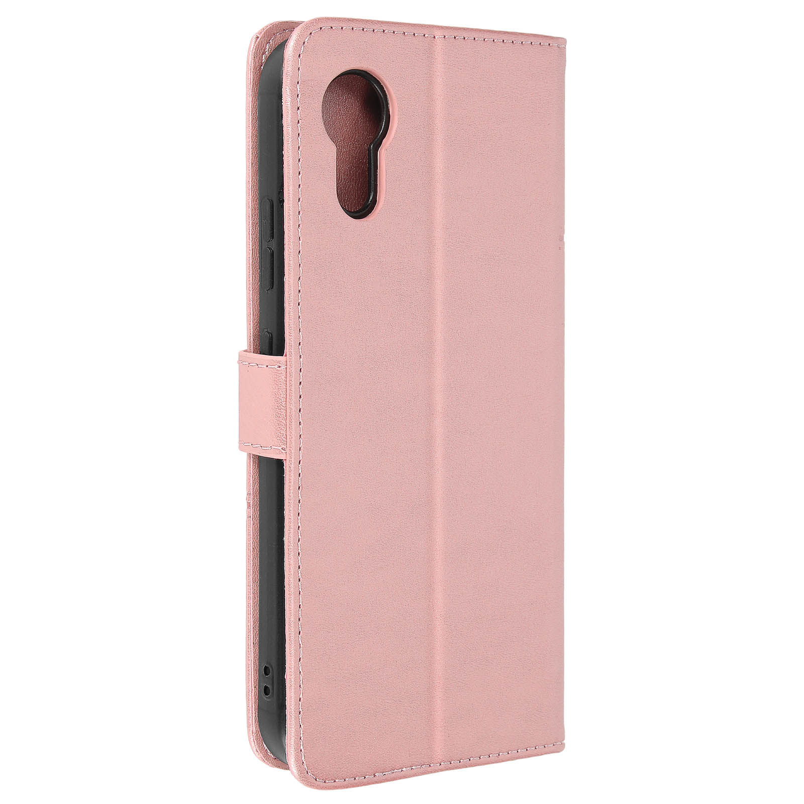 Eine pinkfarbene, geschlossene Handyhülle aus Leder oder ähnlichem Material, mit Klappe und Loch für die Kamera.