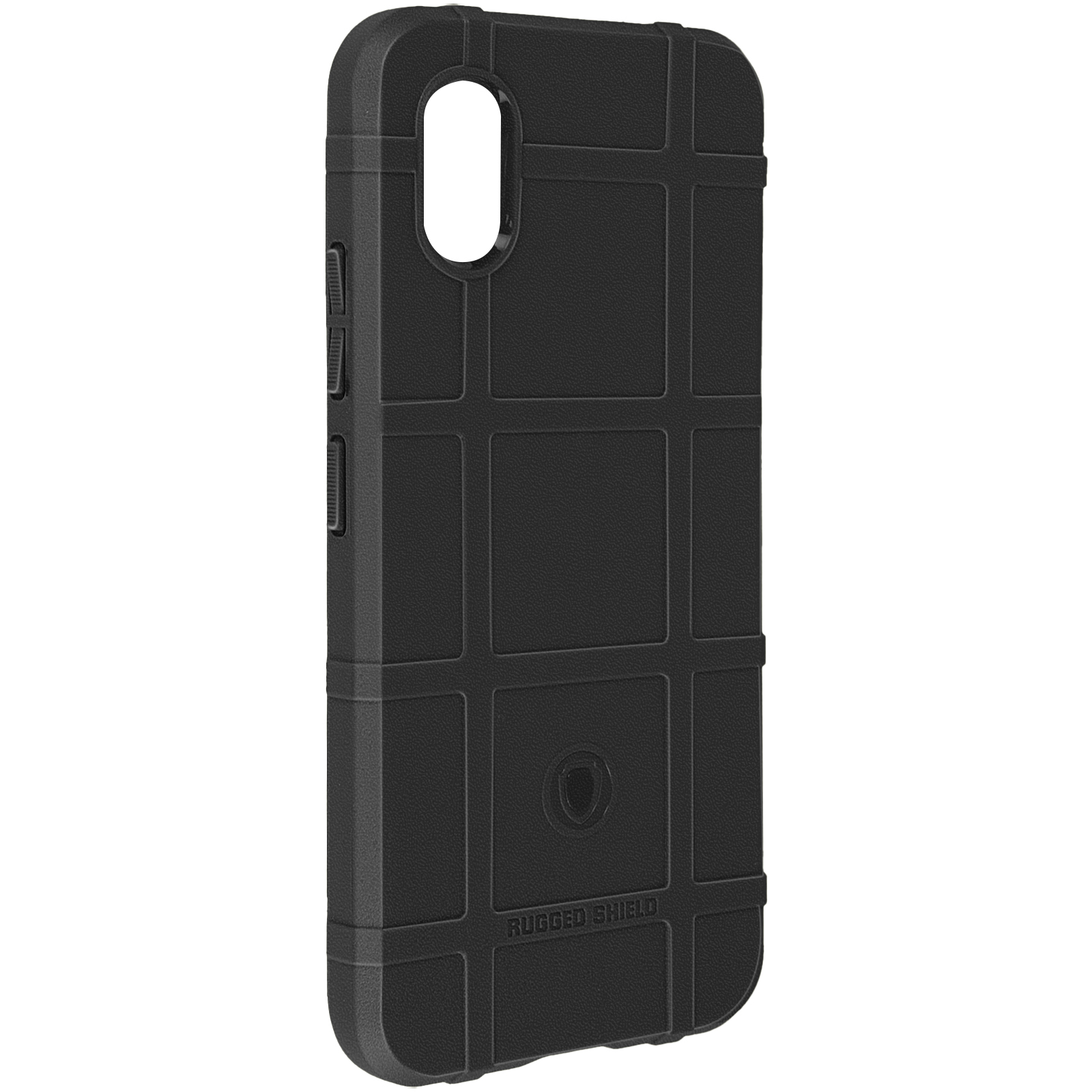 Zwarte, getextureerde telefoonhoes met een rasterpatroon en de tekst "Rugged Shield".