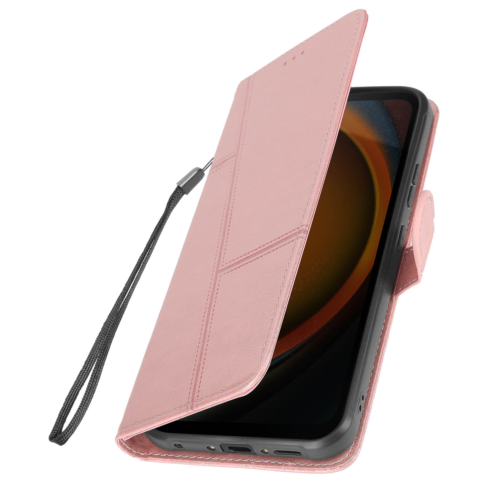 Rosa Handyhülle mit einem Telefon darin und einem schwarzen Riemen.