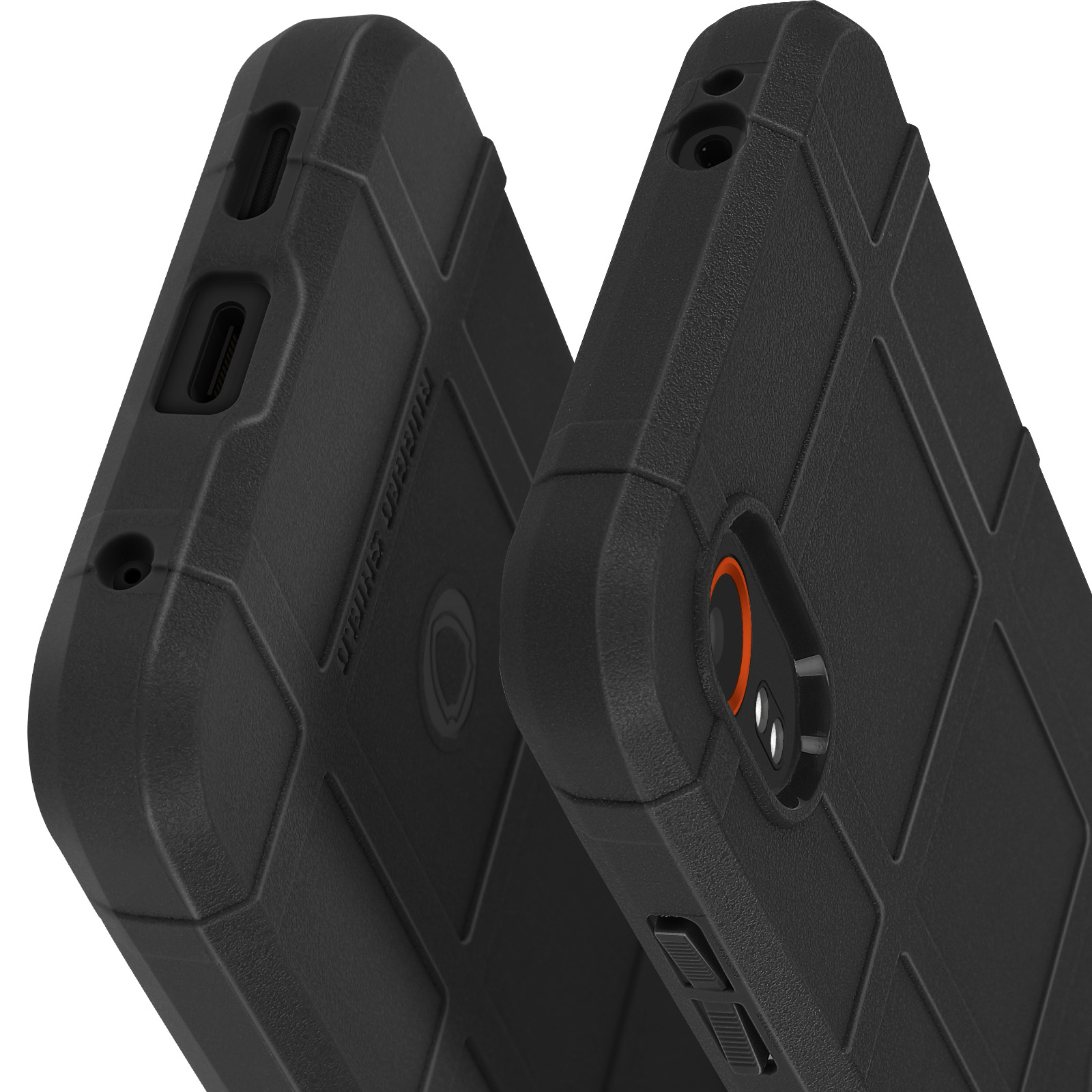 Twee zwarte telefoonhoesjes. Eén toont de zijkant met knoppen en poorten, de andere de achterkant.