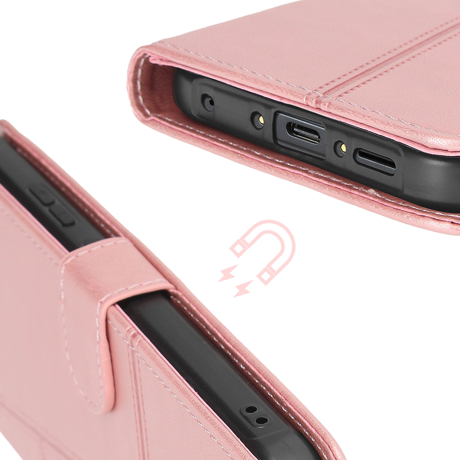 Nahaufnahme einer rosa Handyhülle mit Ladeanschluss und Knöpfen, mit Magnet-Symbol.