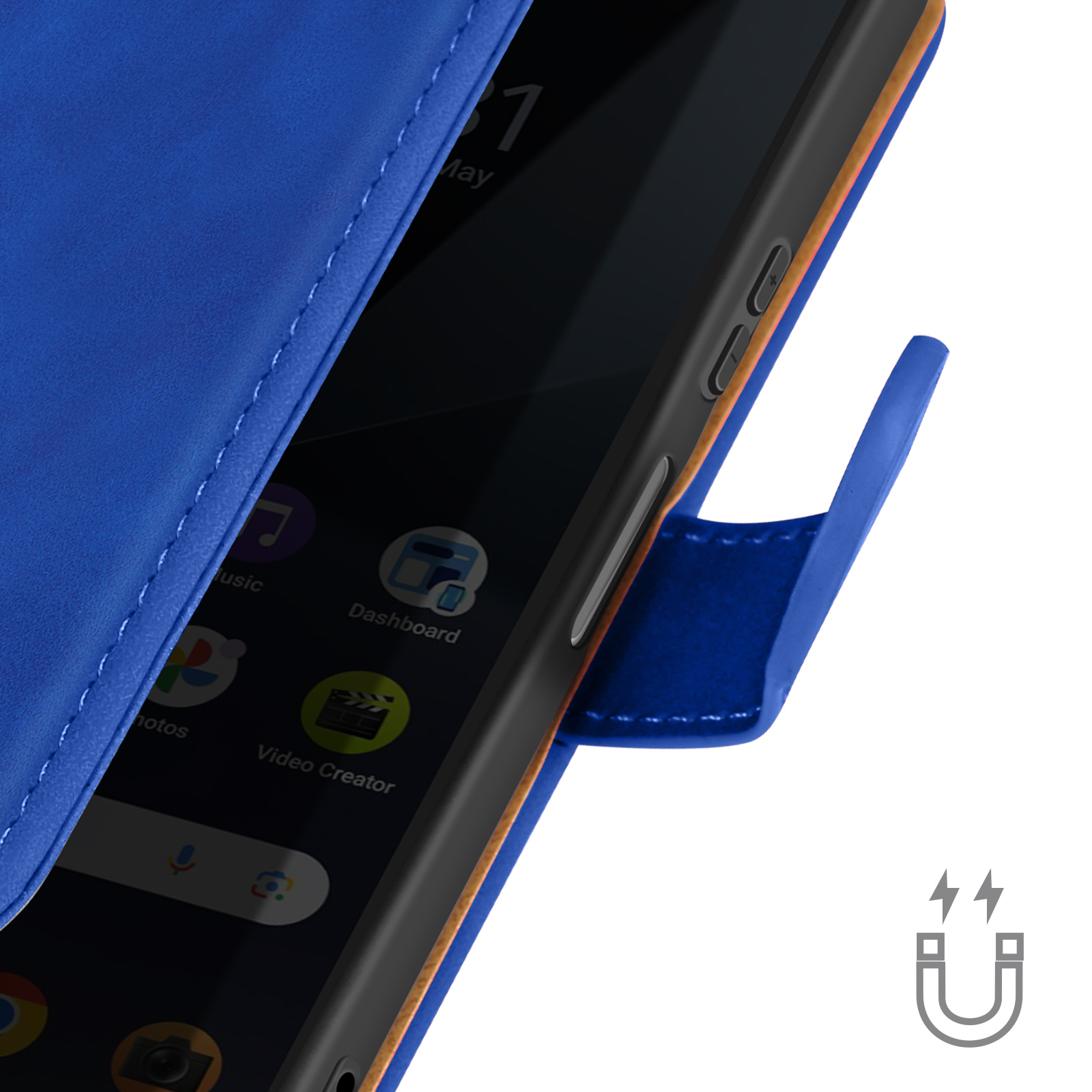 Nahaufnahme einer Handyhülle mit blauem Äußeren und Telefon, zeigt Apps und ein magnetisches Emblem.