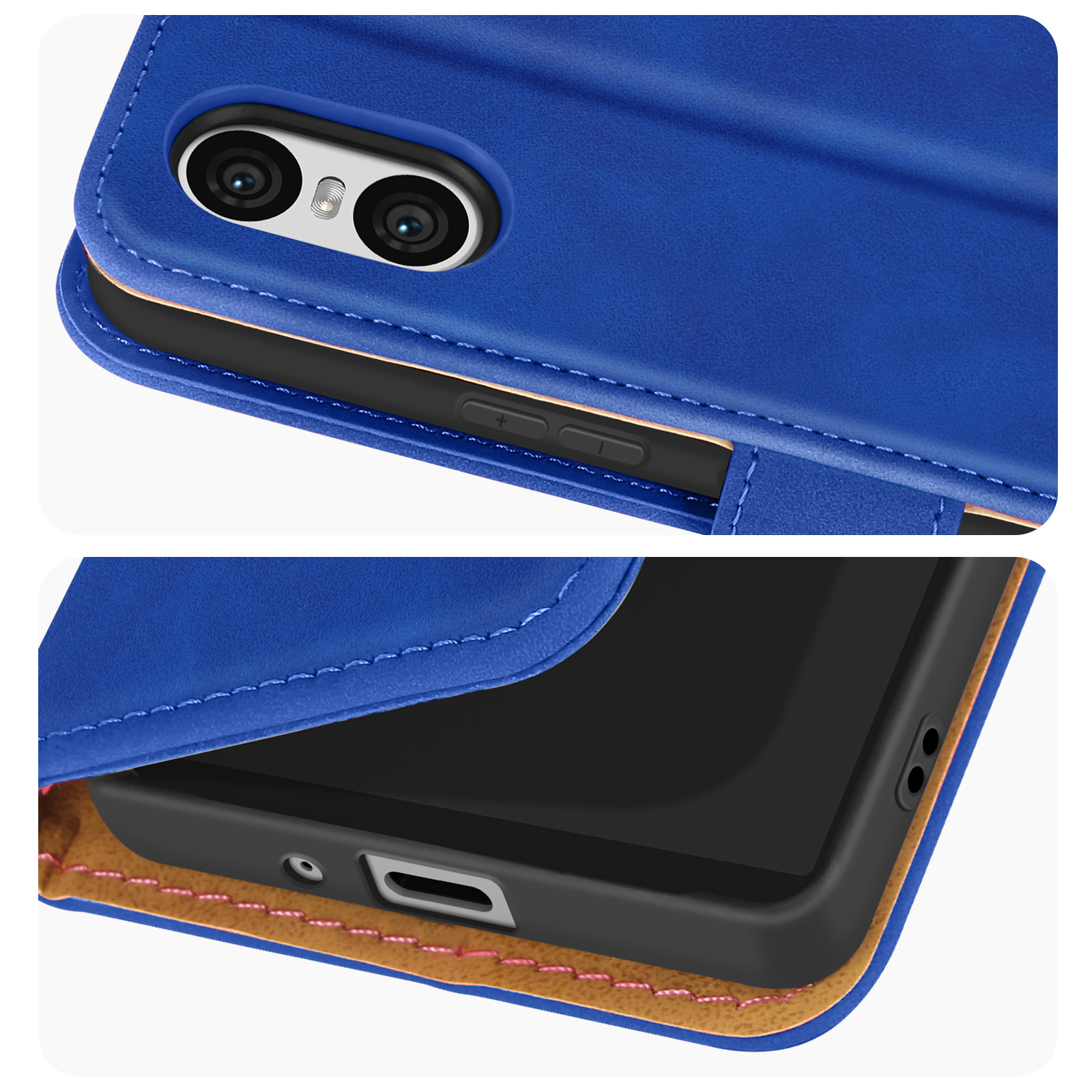 Blaue Handyhülle mit schwarzem Telefon. Zeigt Kamera und Anschlüsse.
