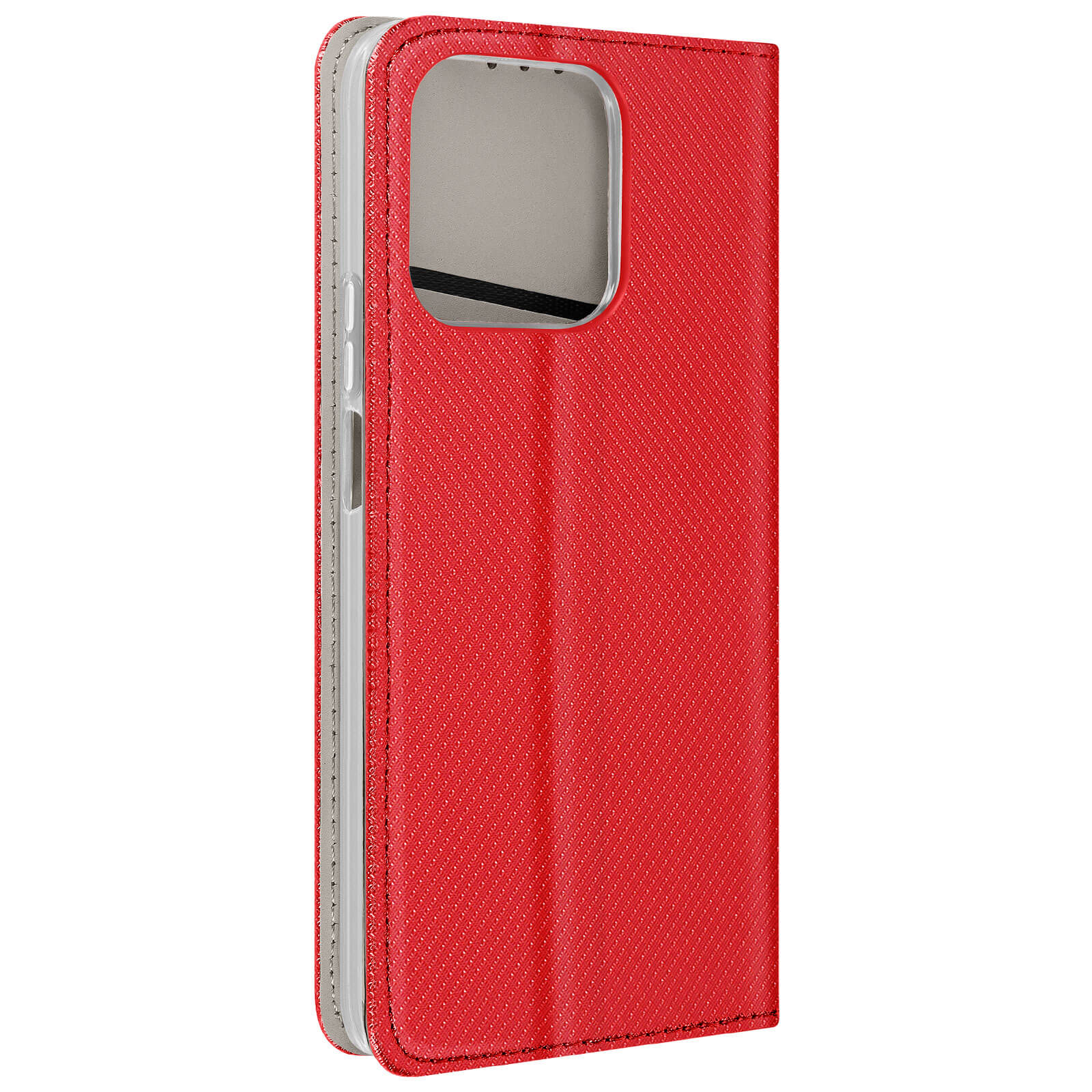Custodia per telefono rossa, aperta, con foro per fotocamera. Cuciture bianche sui bordi.