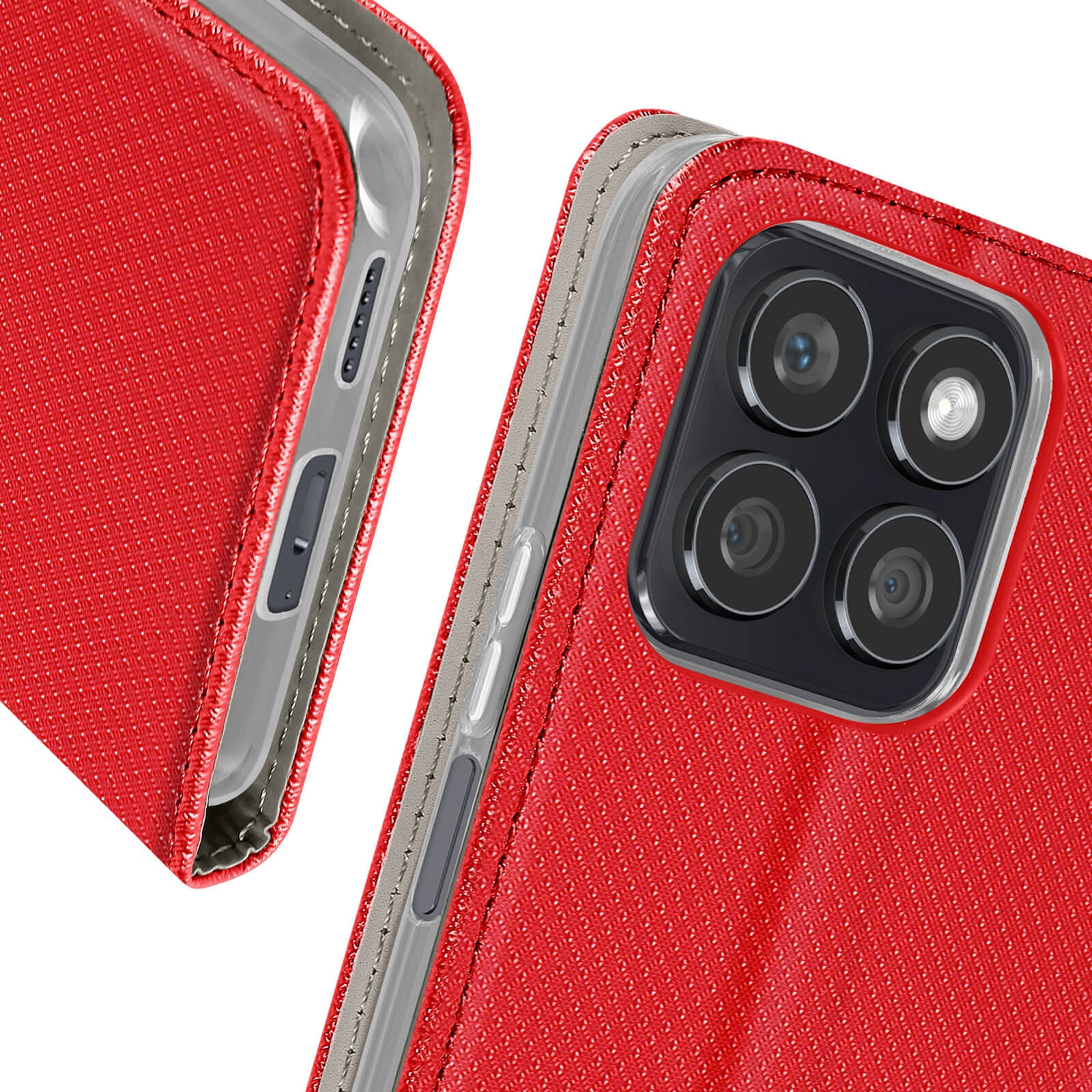 Primo piano di una custodia rossa per telefono con telefono attaccato, che mostra le lenti della fotocamera e i pulsanti.