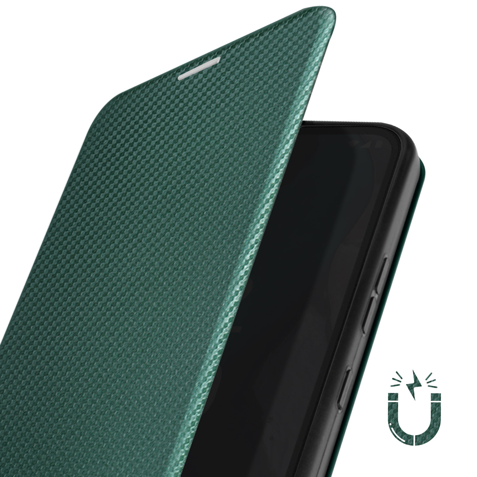 Grüne Handyhülle offen, zeigt ein Telefon. Strukturierte Oberfläche.