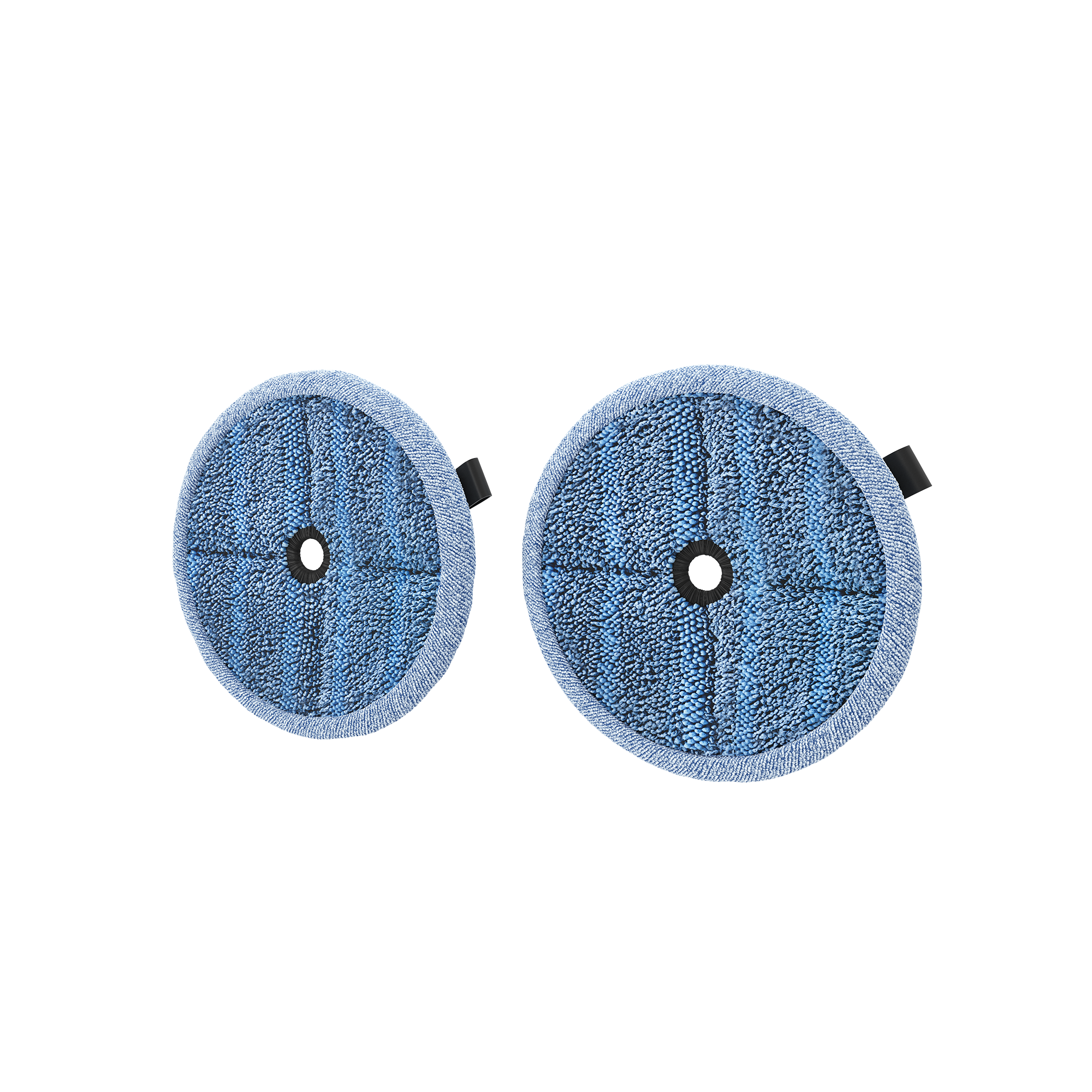 Dos almohadillas redondas azules para trapear con agujero central negro, sobre fondo negro.