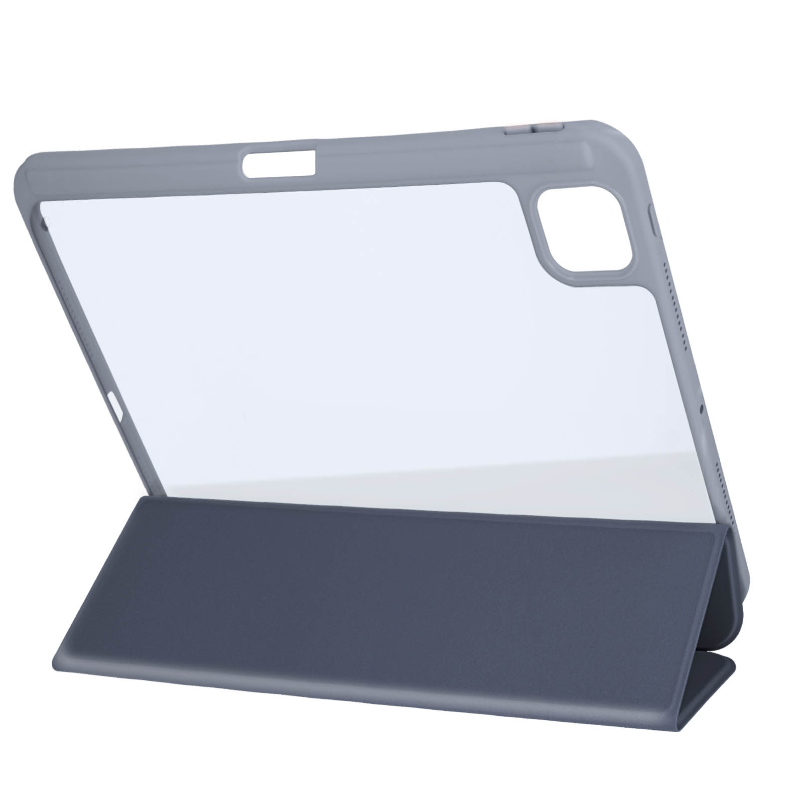 Custodia per tablet grigia aperta, che mostra una protezione per schermo trasparente e una copertura scura.