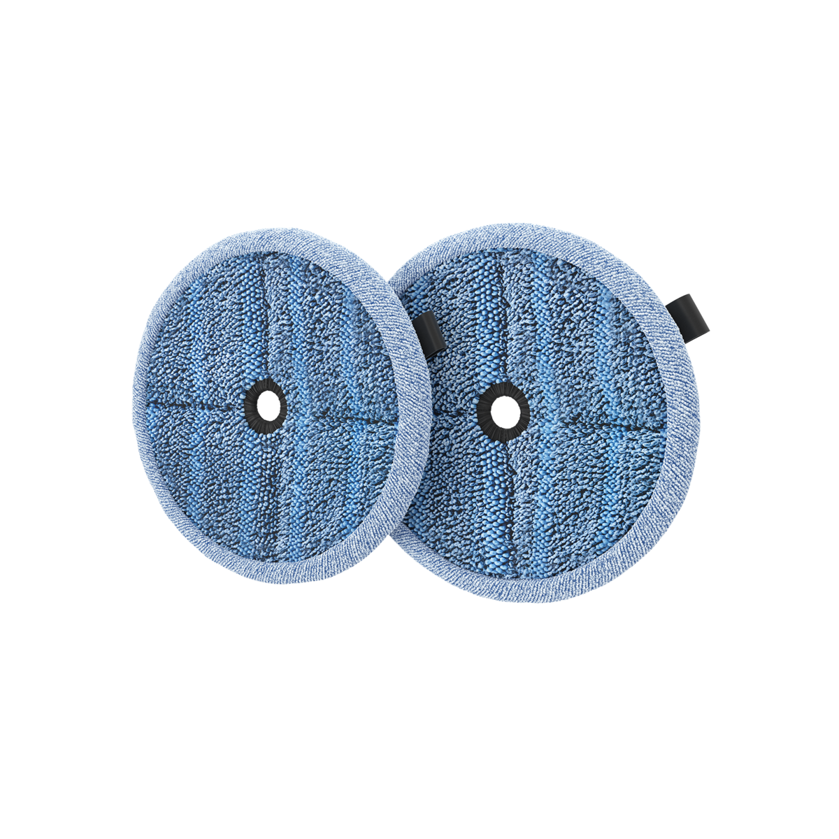 Dos almohadillas de limpieza circulares azules, con un agujero central negro y un borde azul claro.