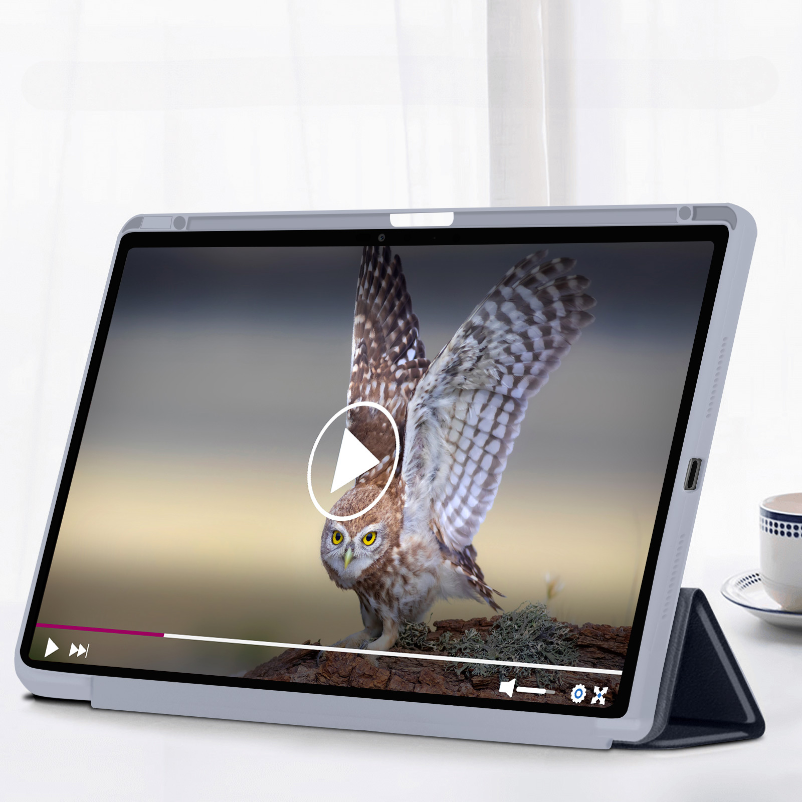 Tablet che mostra un video di un gufo. Lo schermo mostra i controlli di riproduzione.