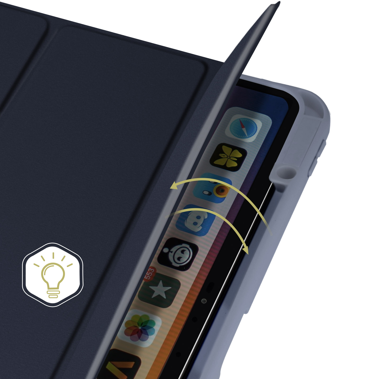 Un iPad con una cover blu scuro parzialmente aperta, che mostra le icone delle app sullo schermo.