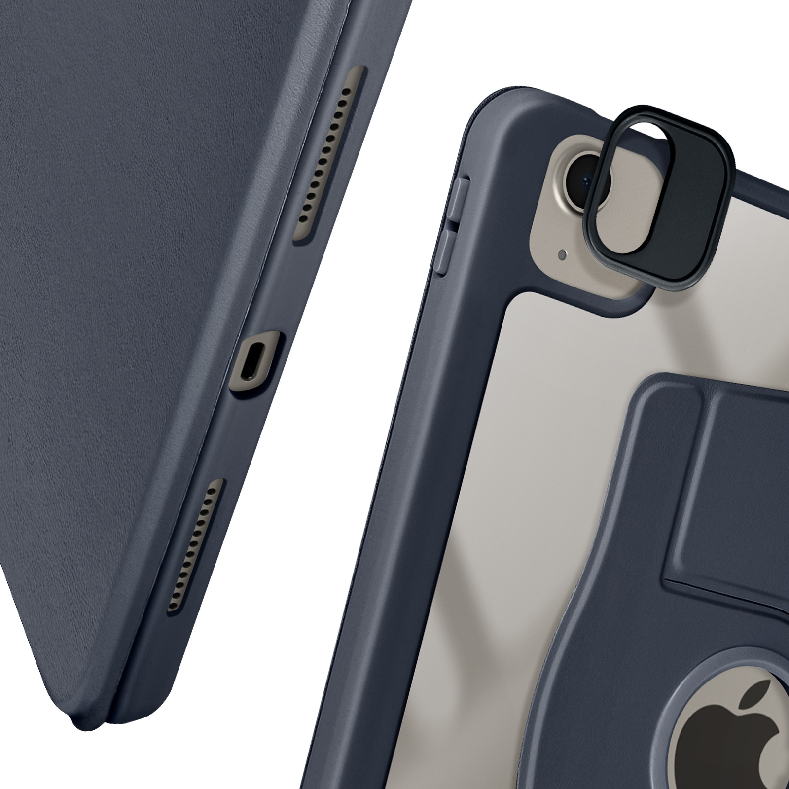 Due custodie per iPad in blu navy e grigio. Una mostra il lato, l'altra la fotocamera e il supporto.