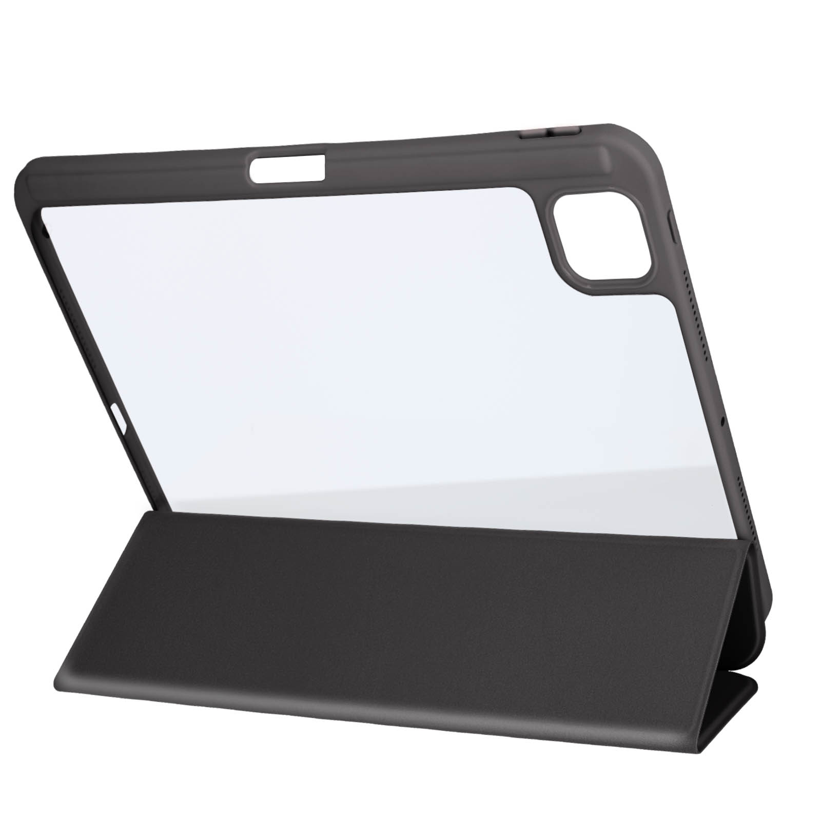 Custodia nera per iPad con schermo trasparente. La custodia è piegata.