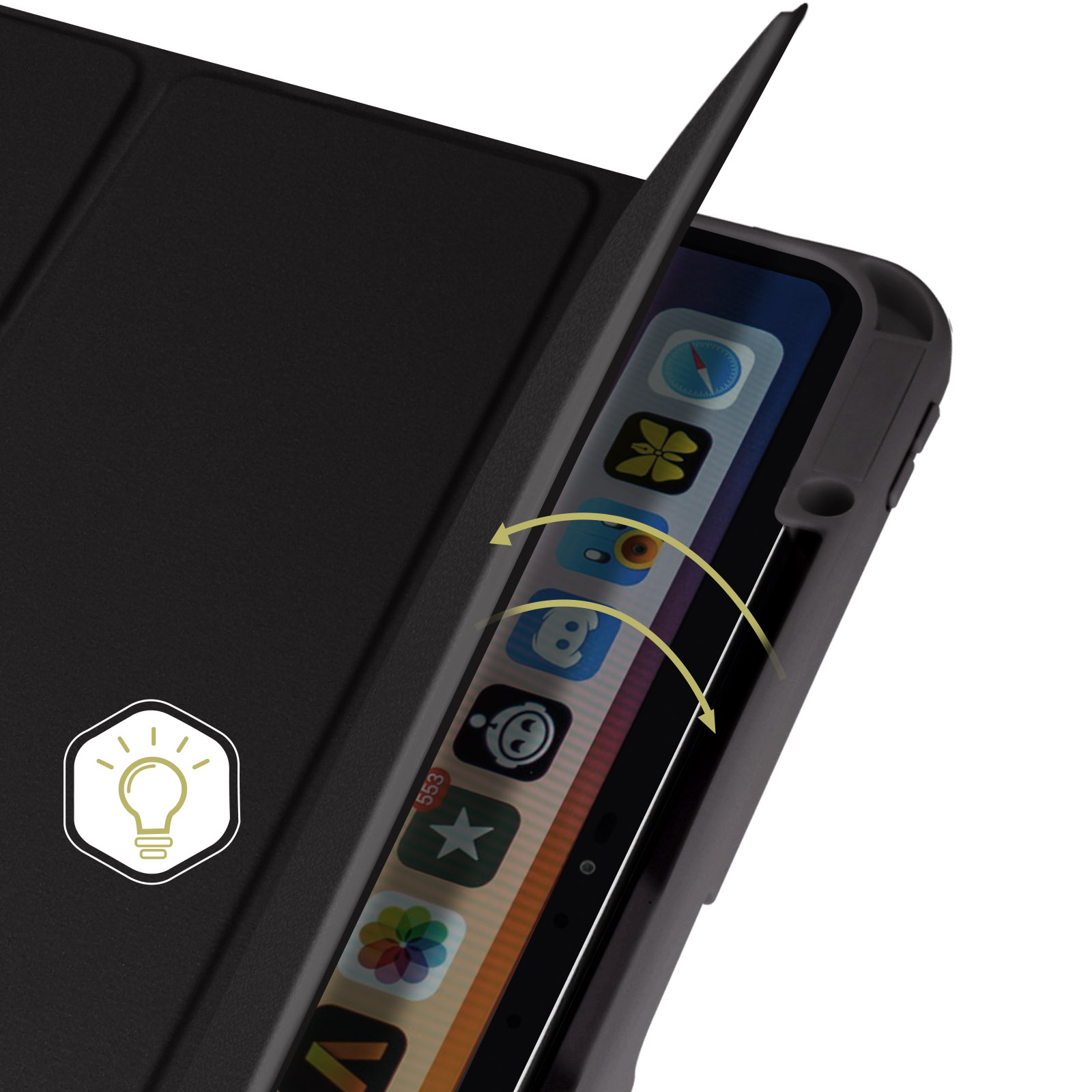 Custodia nera per iPad con cover aperta, mostra le app sullo schermo.