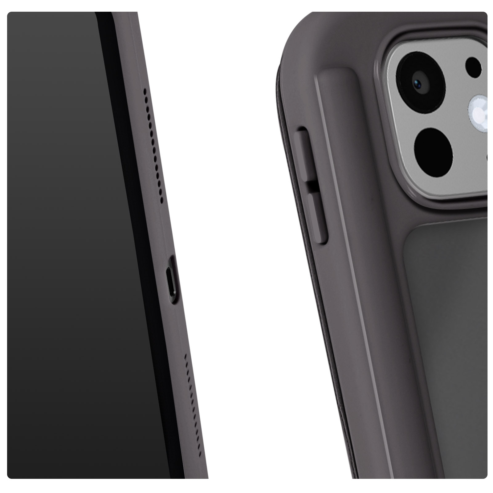 Primo piano di un tablet e una custodia per telefono. Il tablet ha uno schermo nero. Il telefono mostra il lato e la fotocamera.