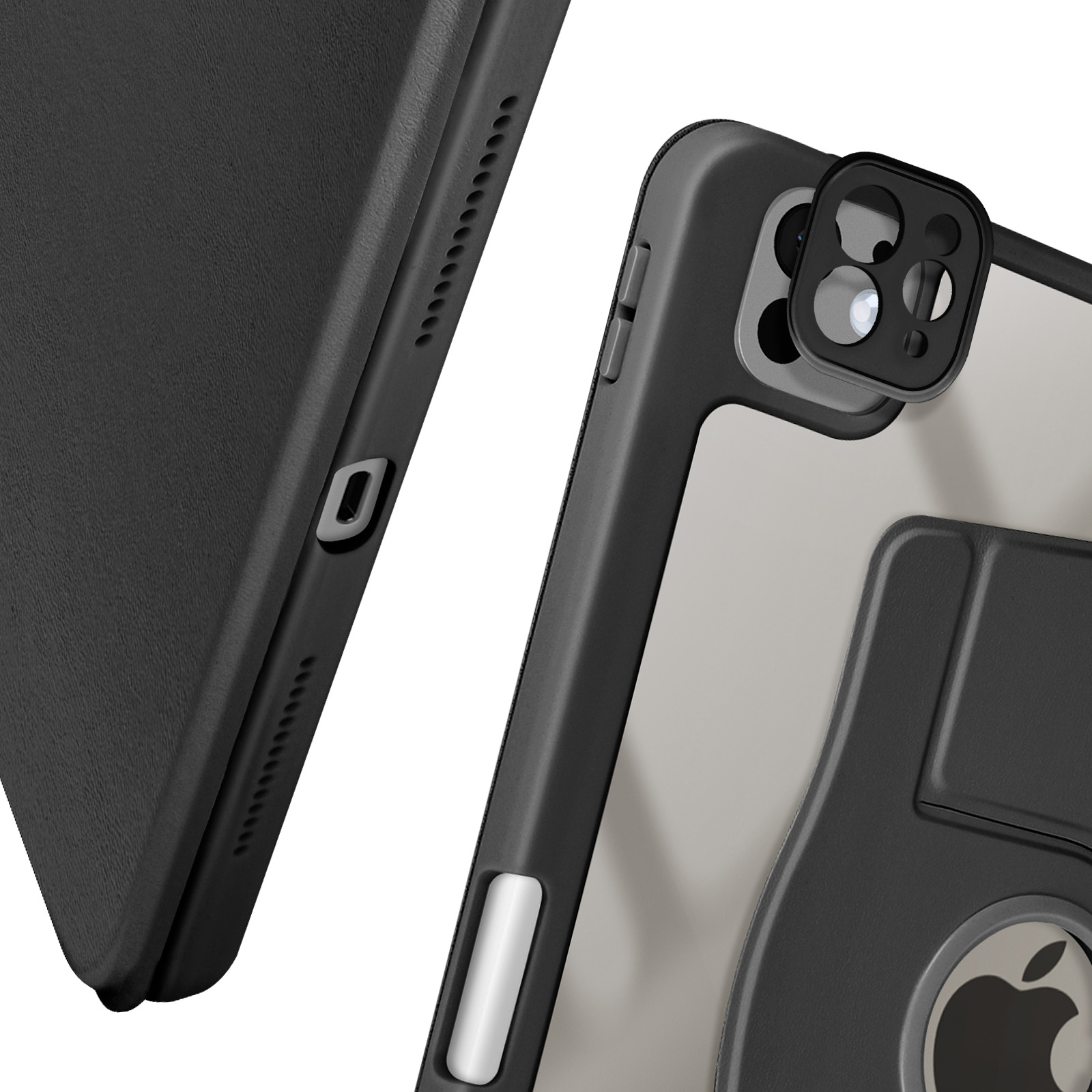 Primo piano di una custodia per iPad, con copertura e protezione dell'obiettivo della fotocamera, che mostra un design elegante.