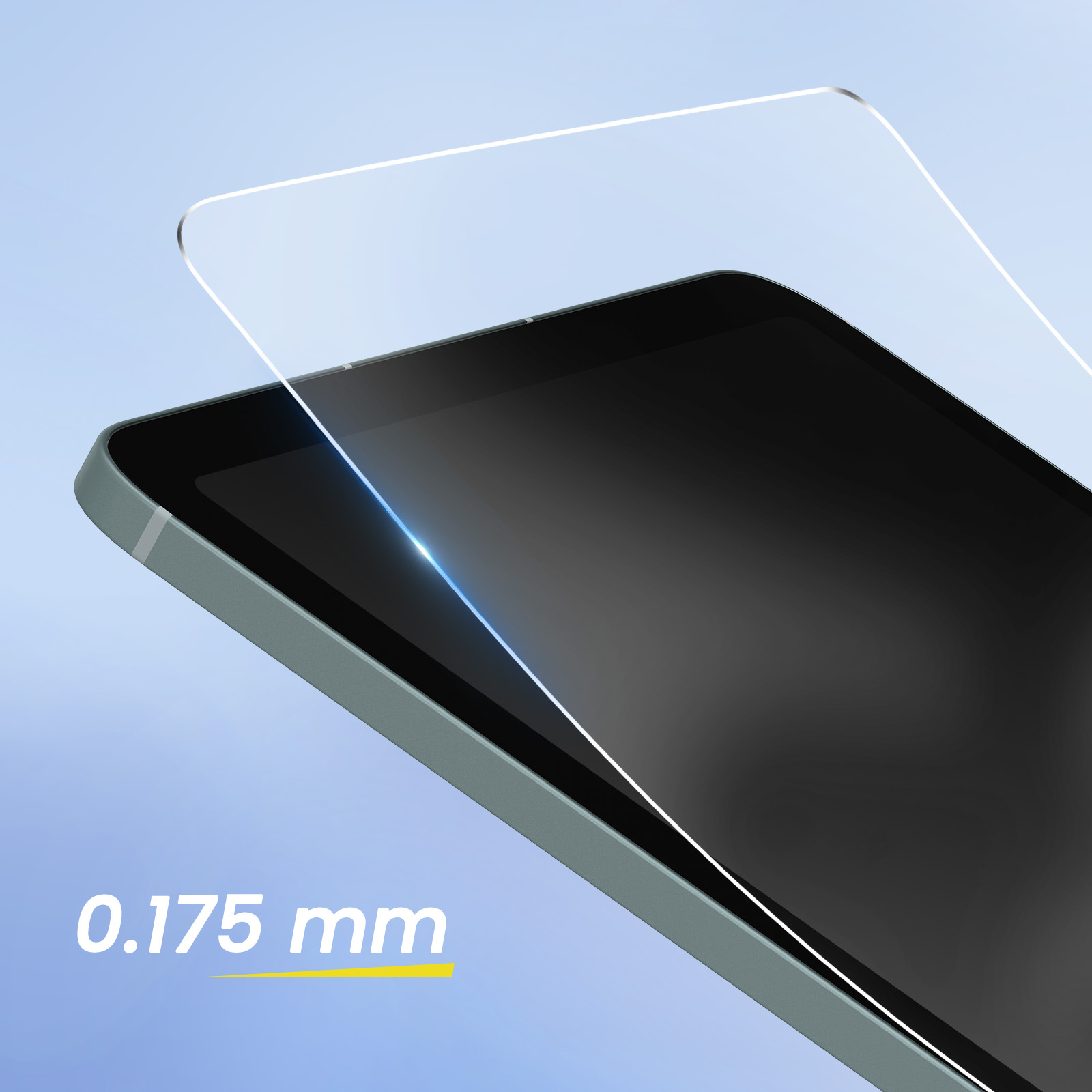 Een tablet met een screenprotector aangebracht met een dikte van 0,175 mm.