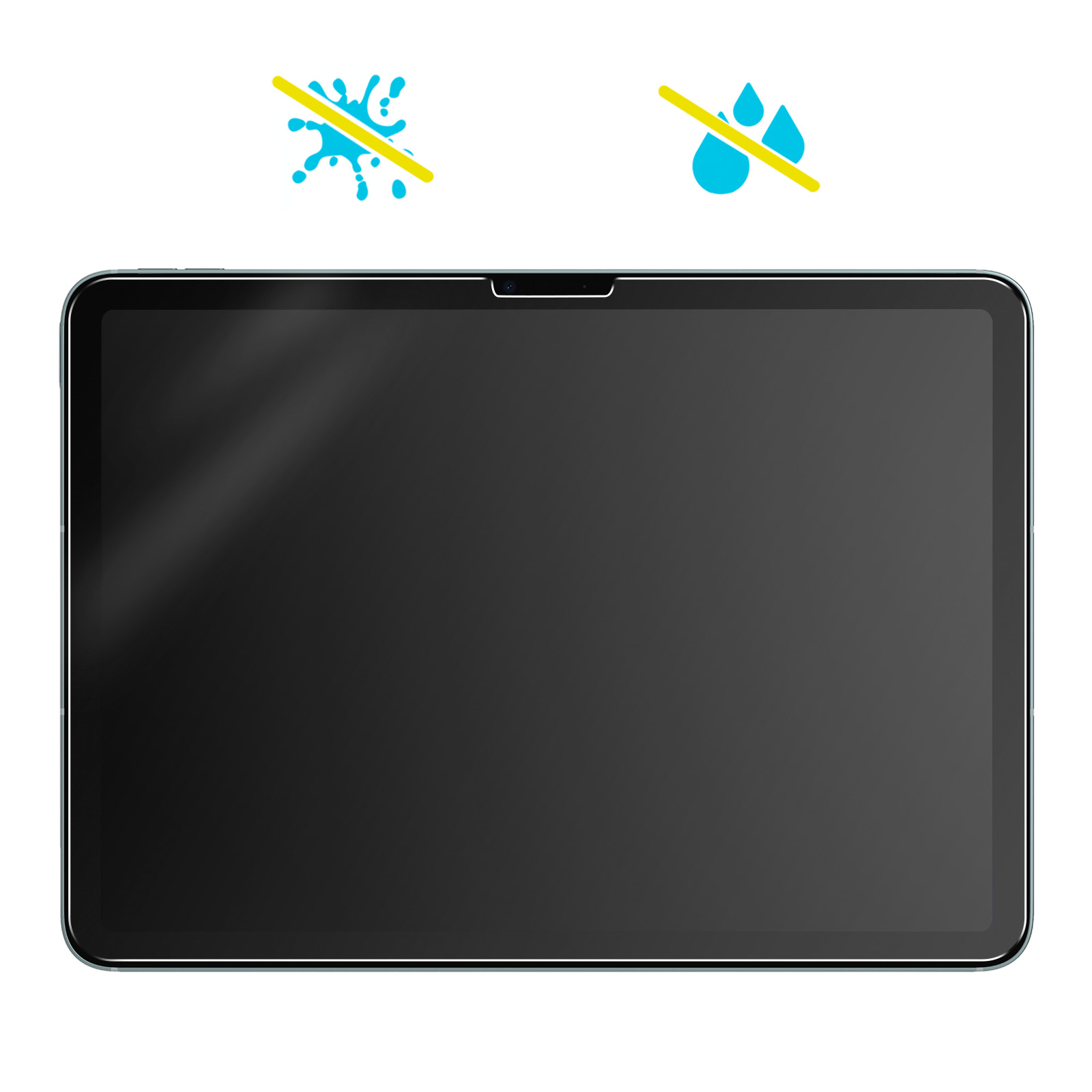 Een zwarte tablet met een camera aan de voorkant en een scherm, met doorgestreepte water- en spaticonen.