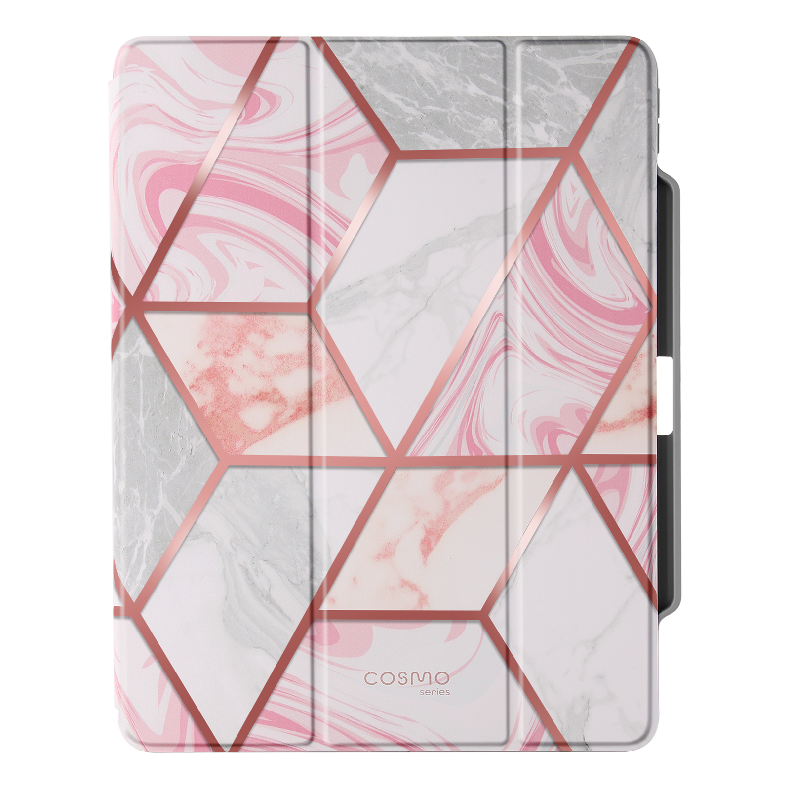 Custodia per tablet con un design geometrico marmorizzato in rosa, grigio e bianco, dettagli oro rosa.
