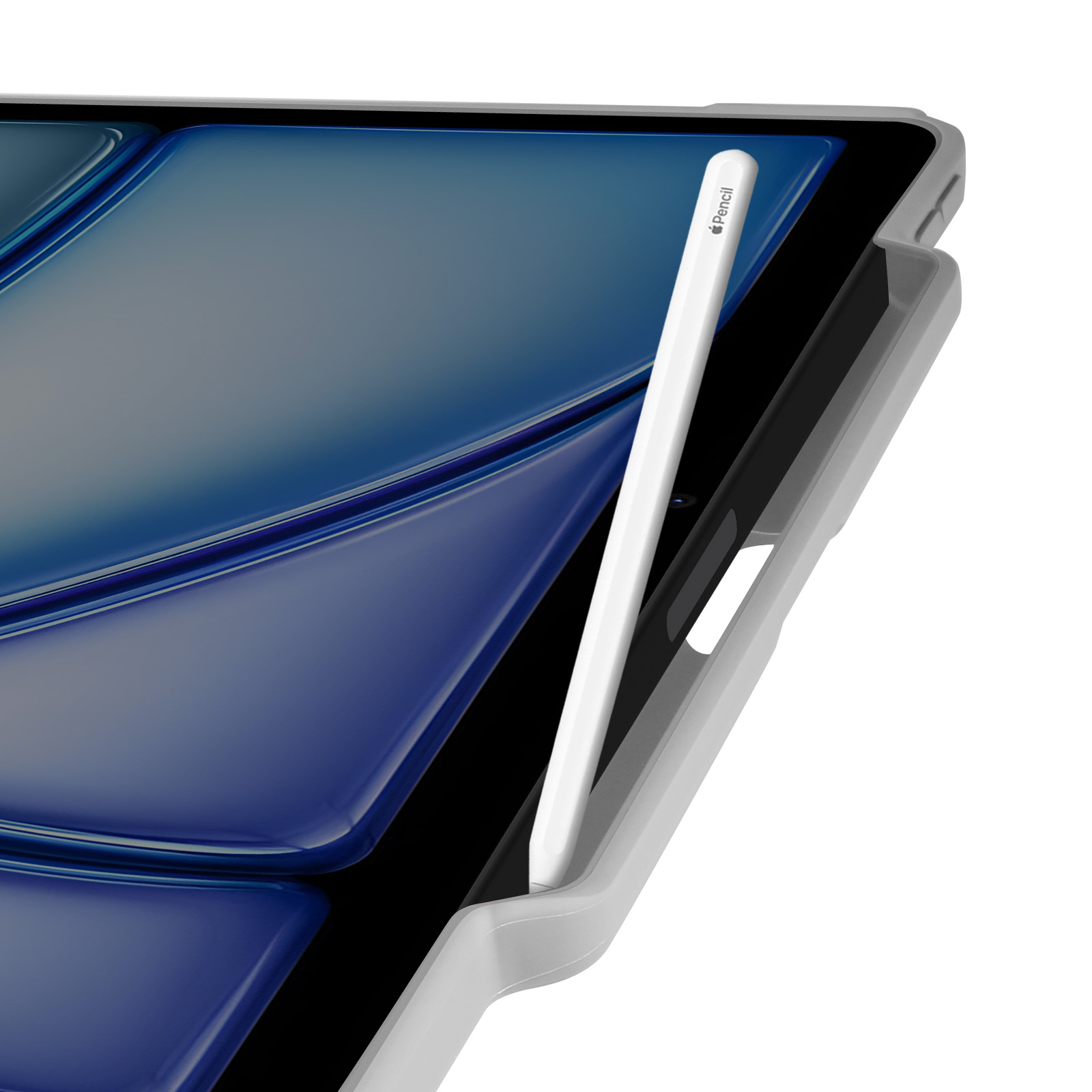 Una Apple Pencil bianca in una custodia per tablet, vista ravvicinata.