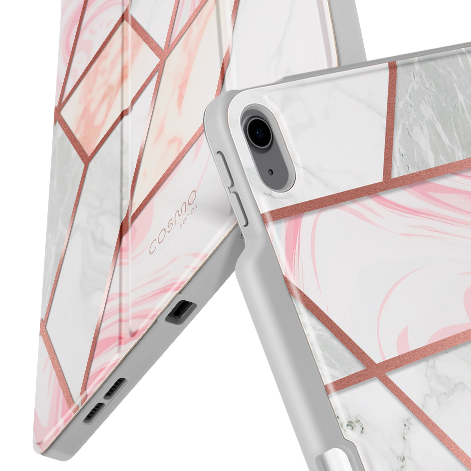 Custodia per tablet con un design marmoreo e forme geometriche. La custodia è grigia e oro rosa.