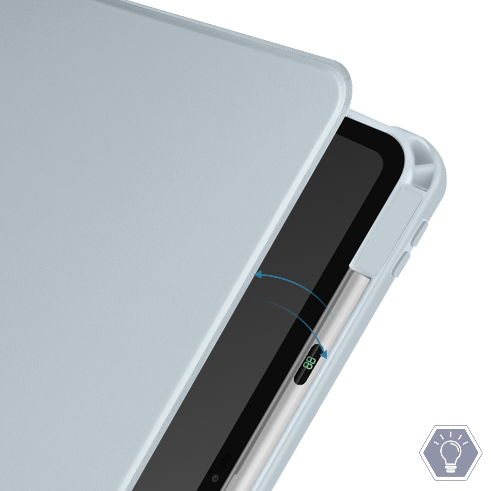 Custodia per tablet azzurra aperta, rivelando lo schermo e una penna. Display digitale sulla penna.