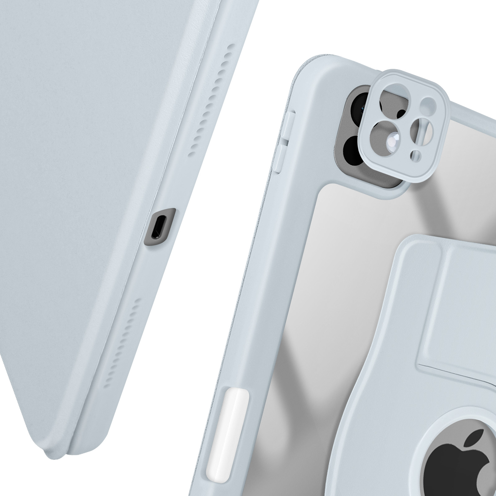 Una custodia per tablet azzurra con un ritaglio per la fotocamera sul retro.