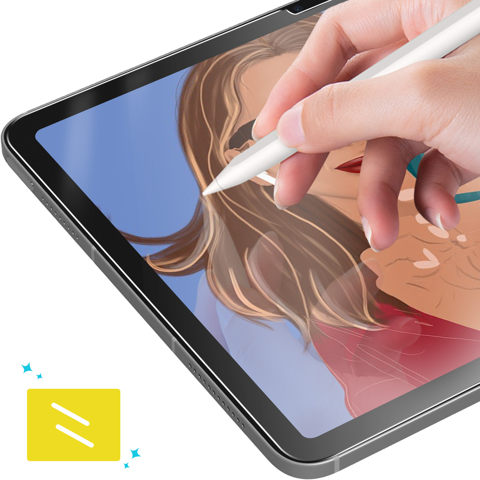 Una mano disegna sullo schermo di un tablet con uno stilo, con un'icona gialla e stelle blu.