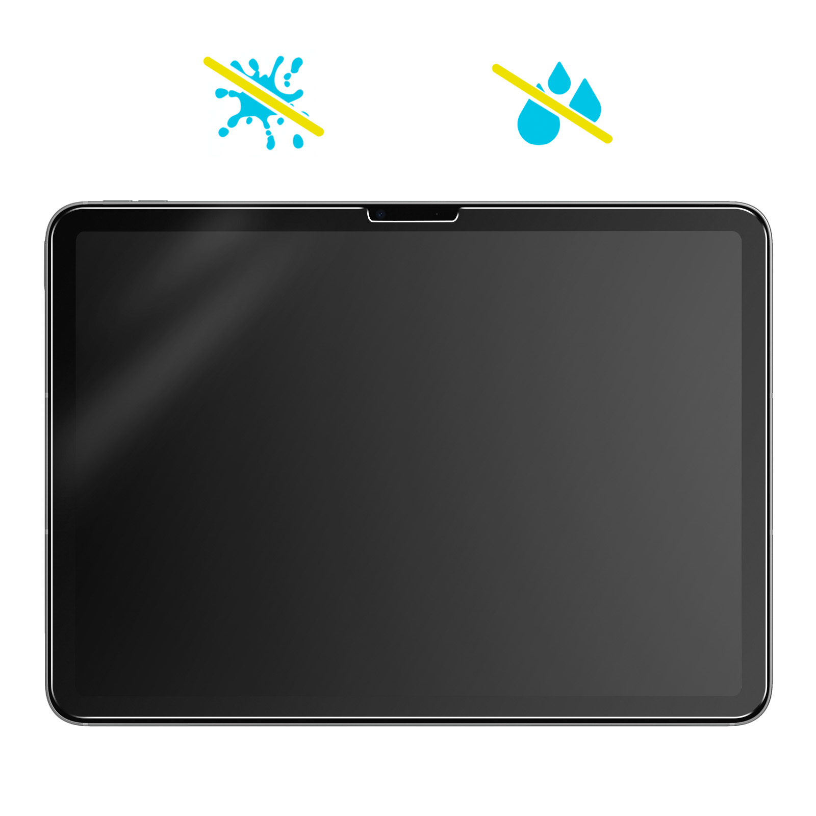 Tablet con schermo nero. Le icone di acqua e spruzzi sono sbarrate.